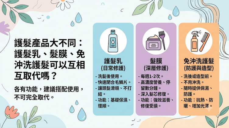 護髮乳、髮膜、免沖洗護髮可以互相取代嗎?護髮乳、髮膜與免沖洗護髮的功能可部分重疊,但無法完全互相取代。 它們分別負責日常柔順、加強修護與持續防護,依髮況分層搭配效果更完整。