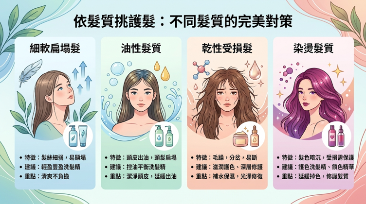 不同髮質該怎麼選護髮產品?選護髮產品應先看髮絲粗細、受損與染燙程度、自然捲狀況及頭皮出油情形,再決定質地與用量。 依毛躁成因和日常吹整習慣調整,才能避免過度厚重或修護不足。