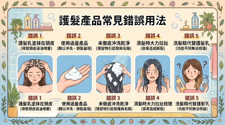 護髮產品常見錯誤用法,護髮沒效果或越用越糟,常見原因是塗錯位置、用量過多、沖洗不乾淨,或把髮油當成萬用修護品。 掌握產品用途與正確用法,比單純增加用量或疊擦更多產品更重要。