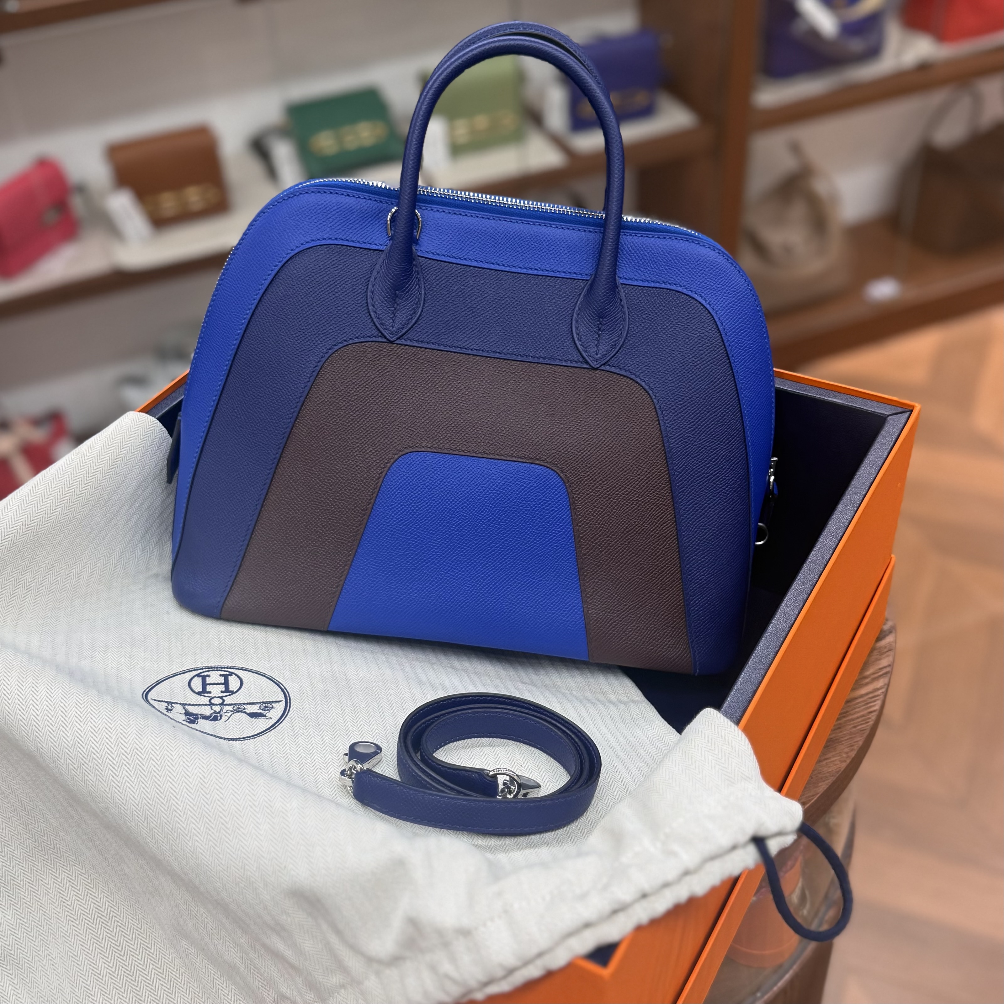 收藏限定彩虹~HERMES BOLIDE BAG 1923-30 RAINBOW 法國藍/寶石藍/馬鞍紅 EPSOM皮 Z刻