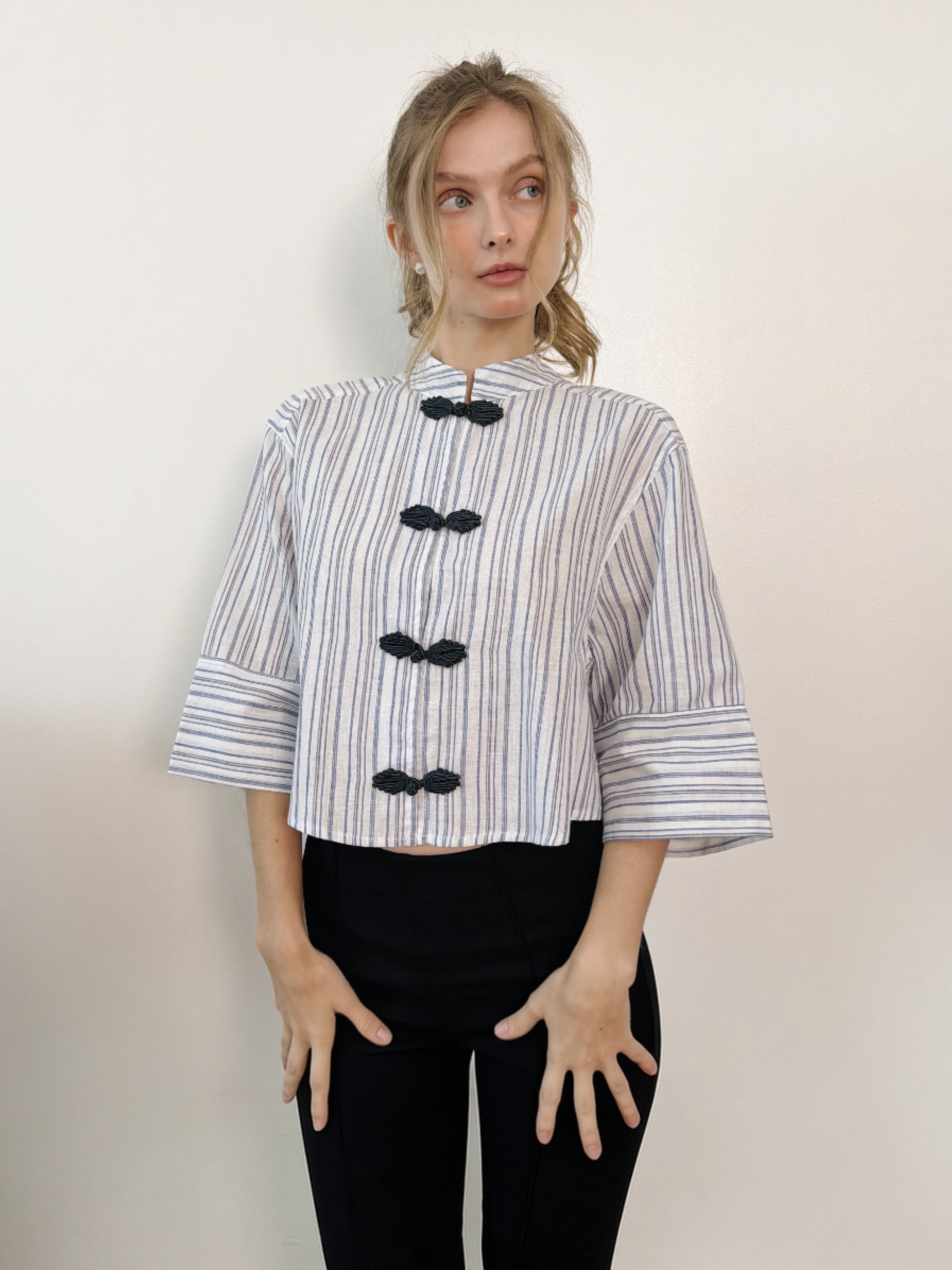 Emi Pure Linen Top - Blue Stripes
