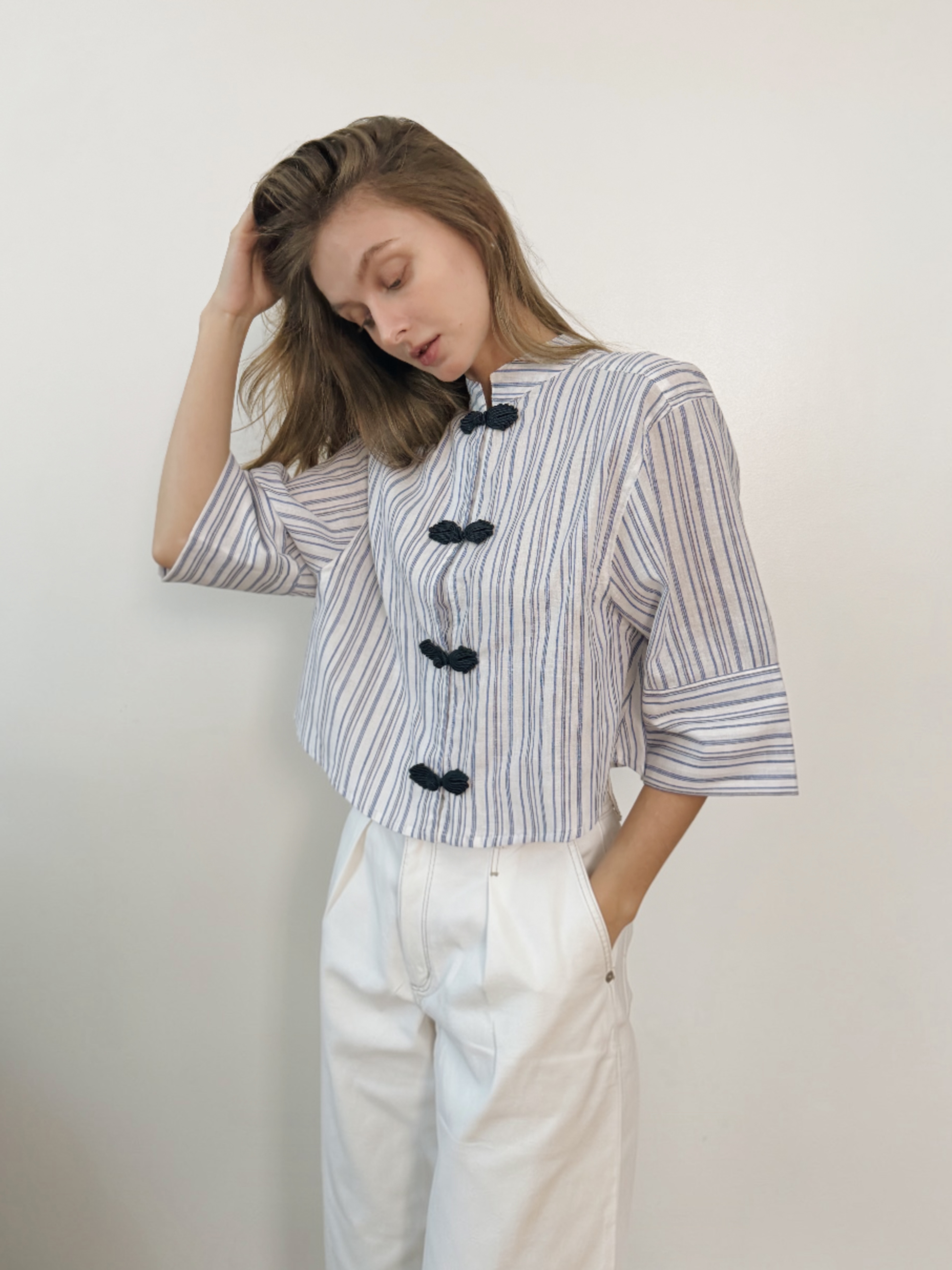 Emi Pure Linen Top - Blue Stripes