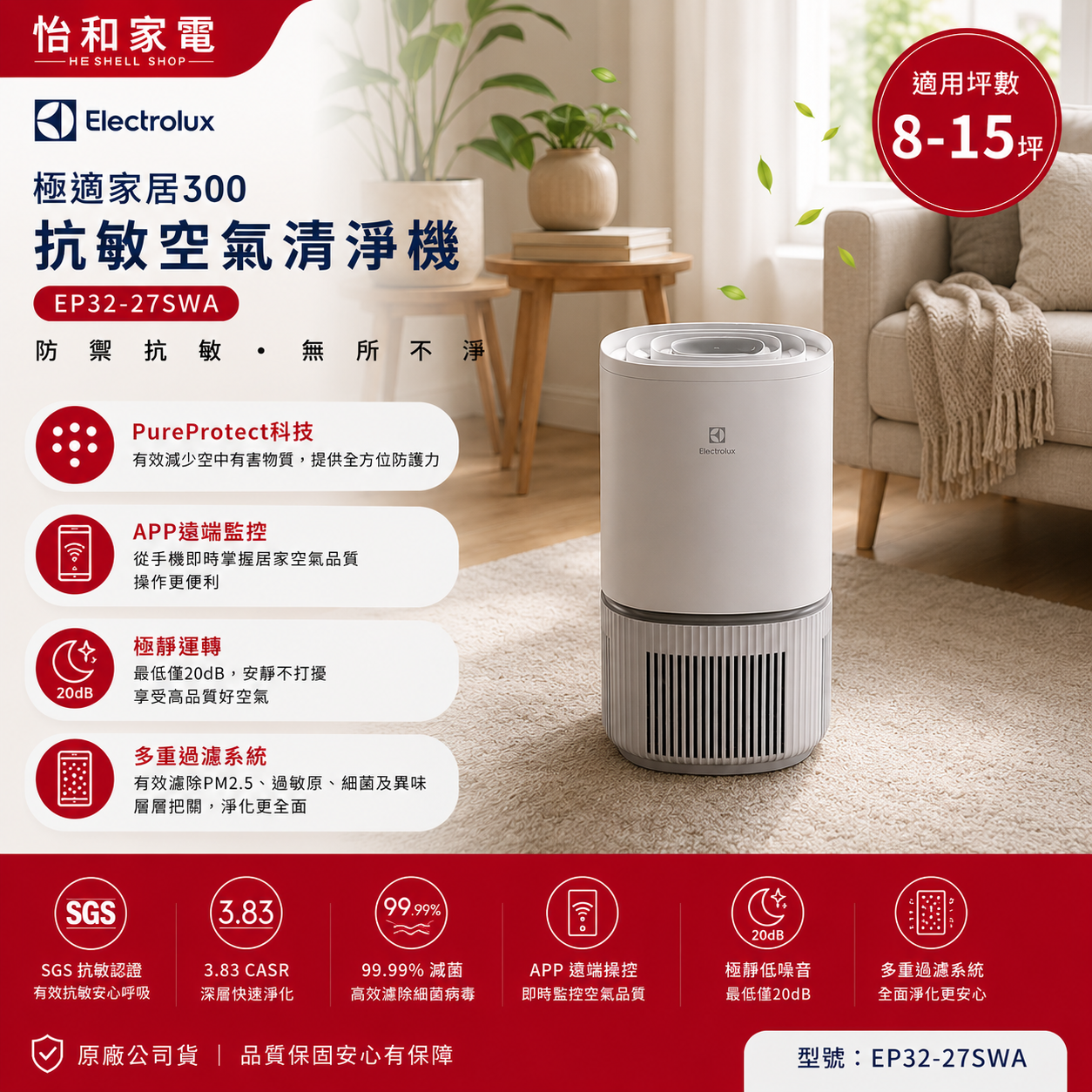 【展示機/福利機】Electrolux 伊萊克斯 智慧 空氣清淨機 象牙白 EP32-27SWA 8坪適用