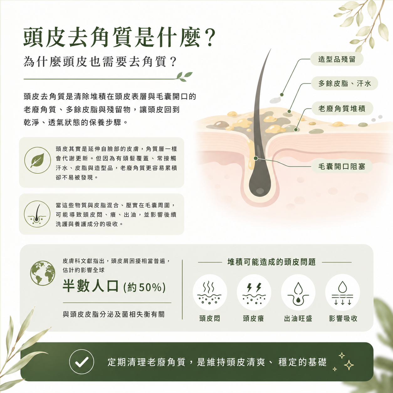 頭皮去角質是清除堆積在頭皮表層與毛囊開口的老廢角質、多餘皮脂與殘留物,讓頭皮回到乾淨、透氣狀態的保養步驟。