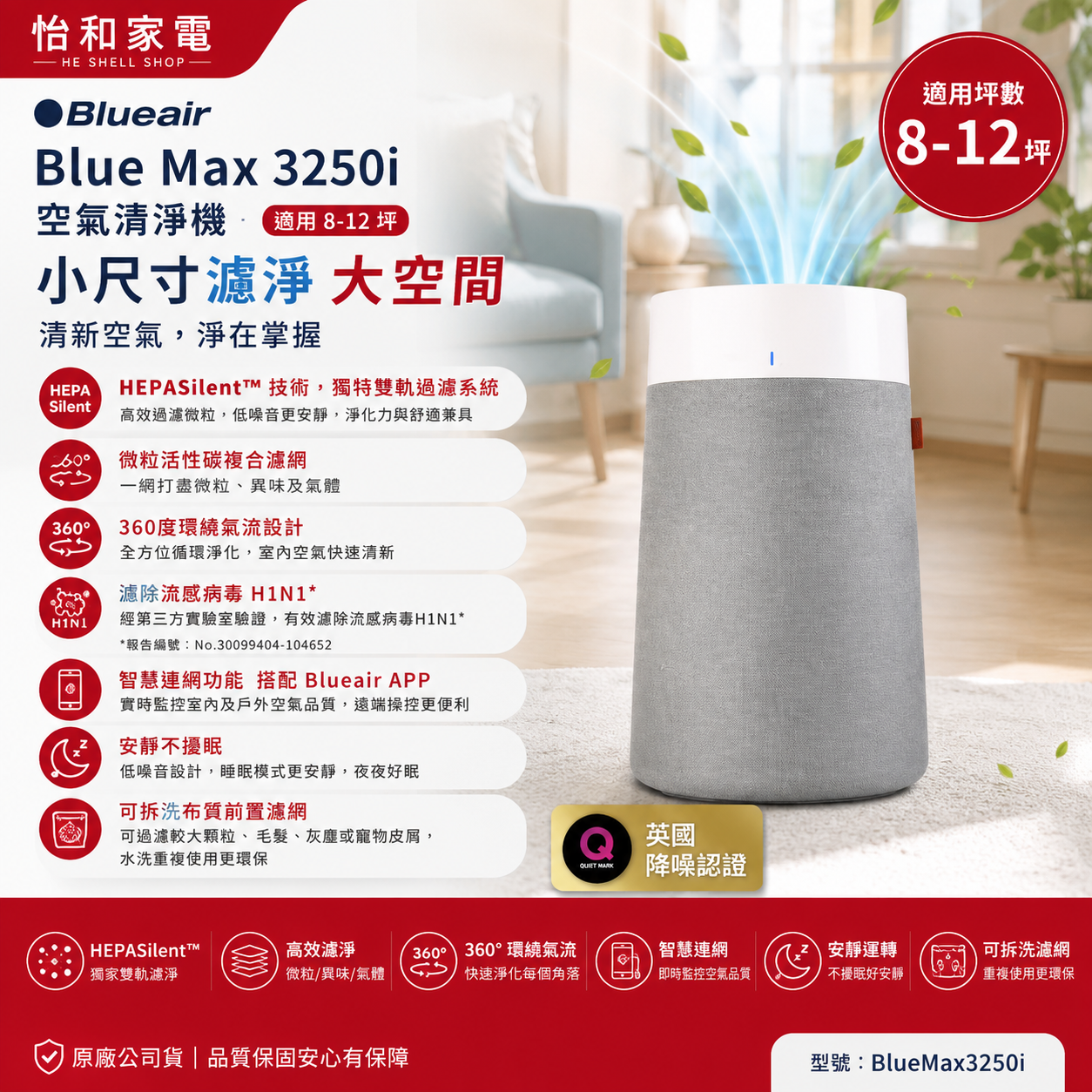 【展示機/福利機】BlueMax智能wifi空氣清淨機3250i(輕巧/安靜/除異味)(適用8-12坪)