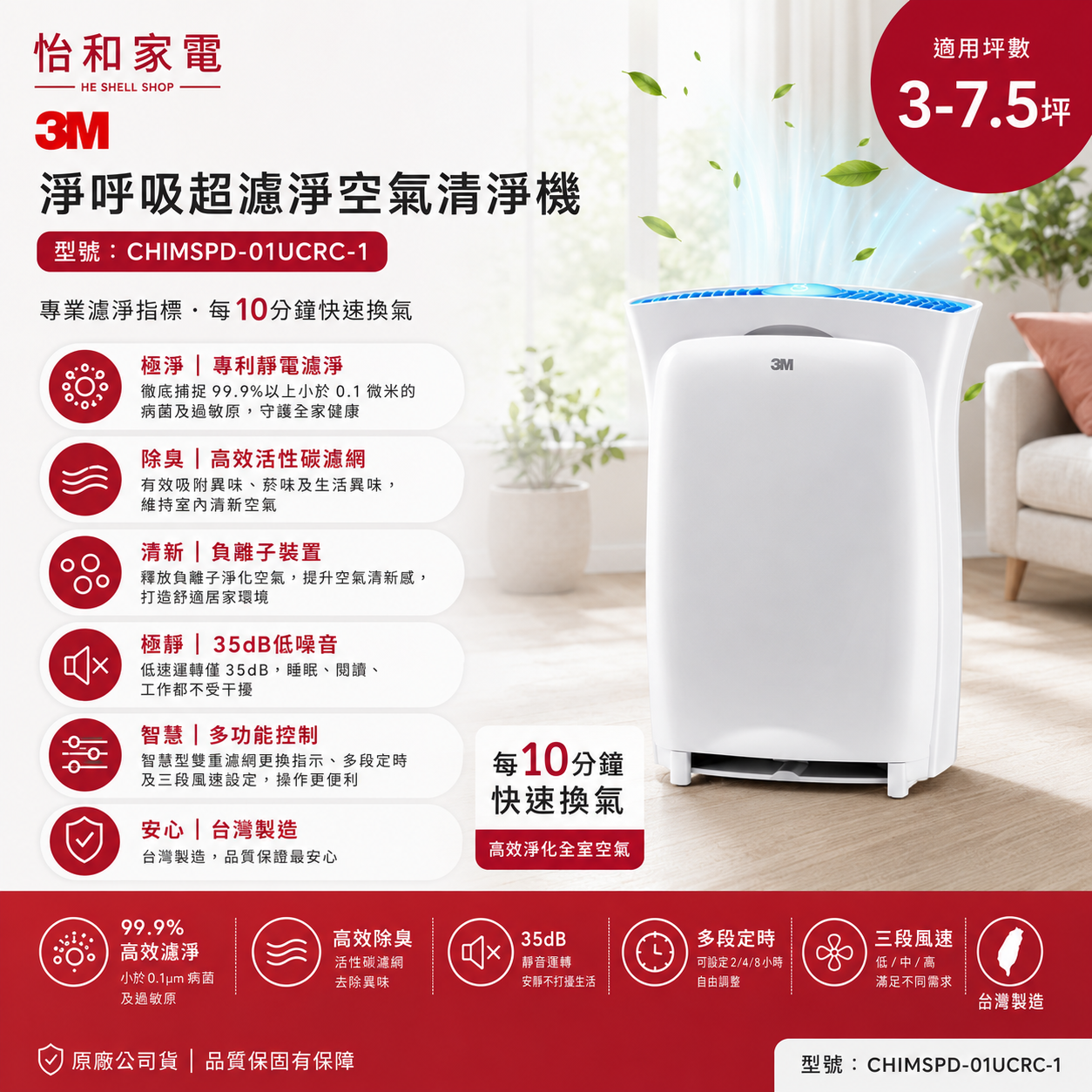 【展示機/福利機】3M 淨呼吸超濾淨進階版6坪負離子空氣清淨機(適用3-7.5坪)CHIMSPD-01UCRC-1