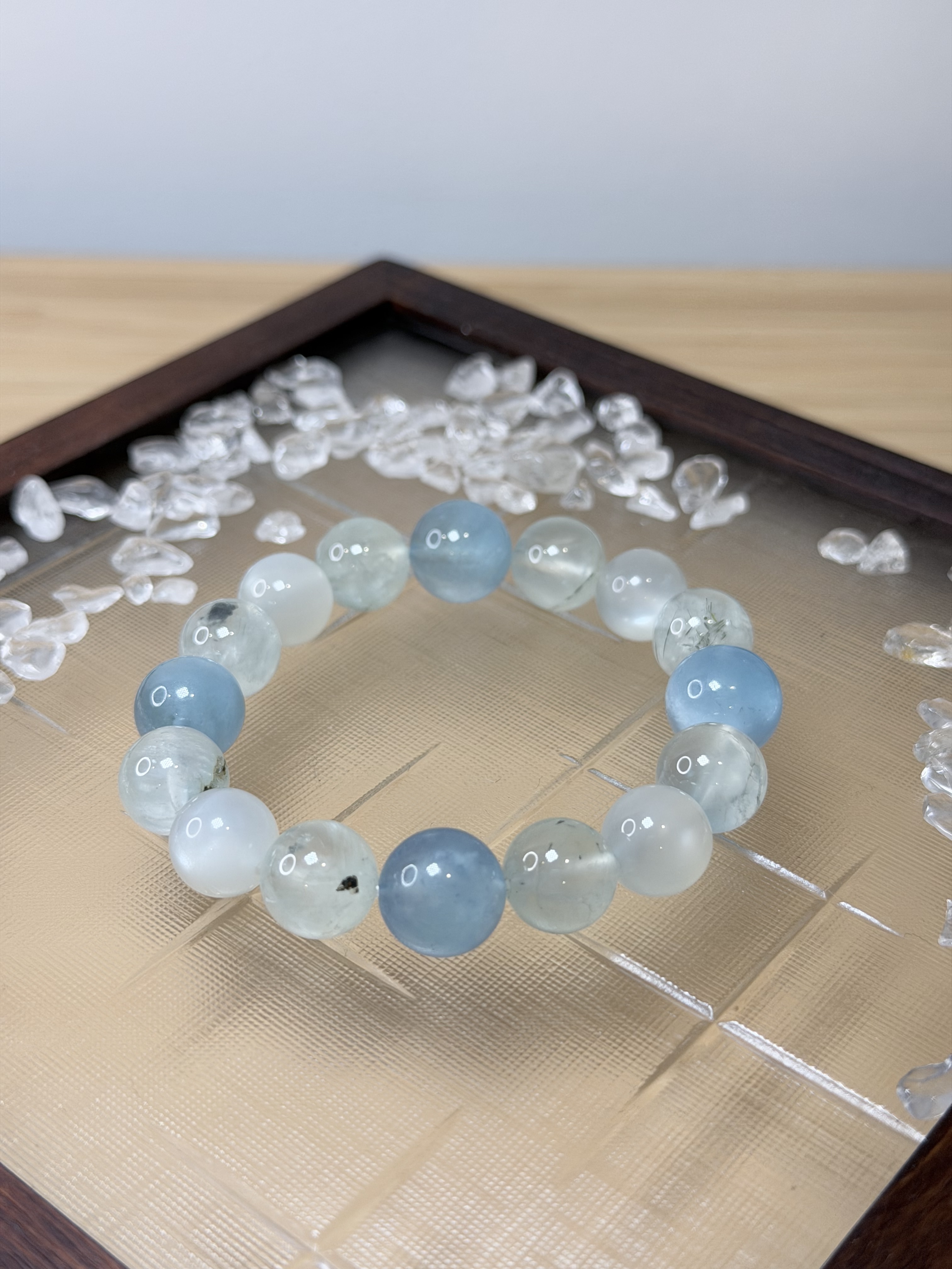 碧海潮生｜海藍寶＋葡萄石＋白月光 10mm