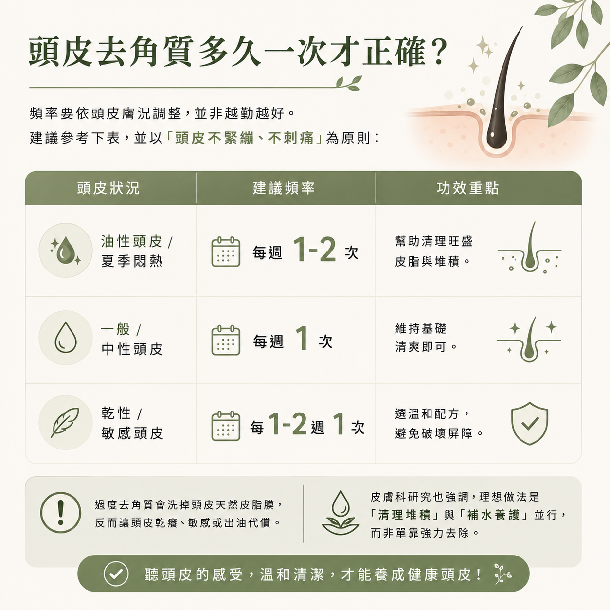 頭皮去角質多久一次才正確? 頭皮去角質的頻率要依頭皮膚況調整,並非越勤越好。 建議參考下表,並以「頭皮不緊繃、不刺痛」為原則: 油性頭皮 / 夏季悶熱:每週 1–2 次,幫助清理旺盛皮脂與堆積。 一般 / 中性頭皮:每週 1 次,維持基礎清爽即可。 乾性 / 敏感頭皮:每 1–2 週 1 次,選溫和配方,避免破壞屏障。