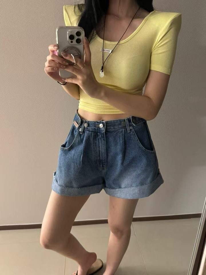 調節釦反摺漸層牛仔短褲