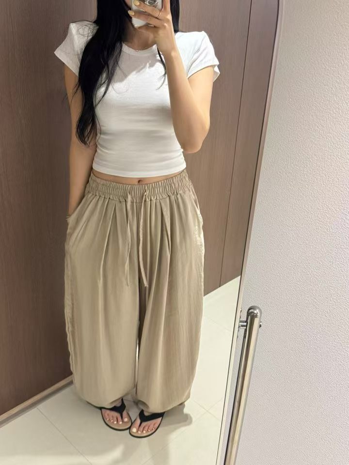 鬆緊縮腳亞麻長褲