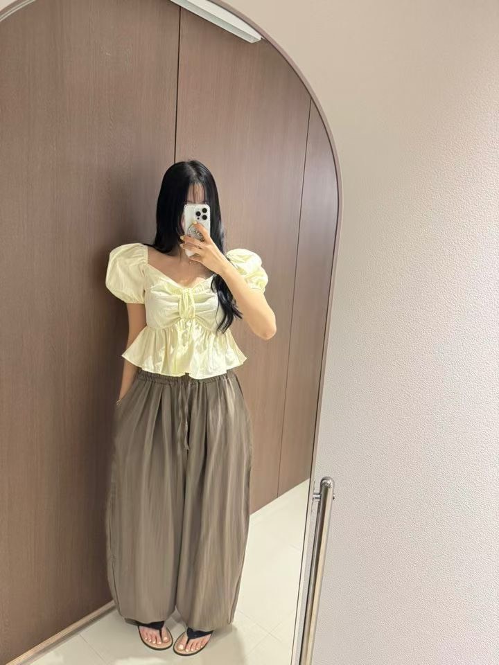鬆緊縮腳亞麻長褲