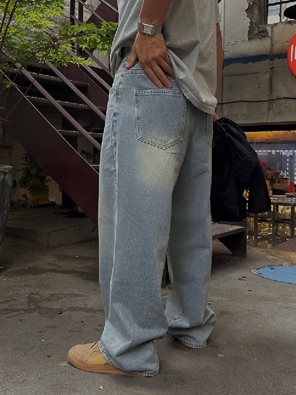 復古街頭寬版丹寧褲