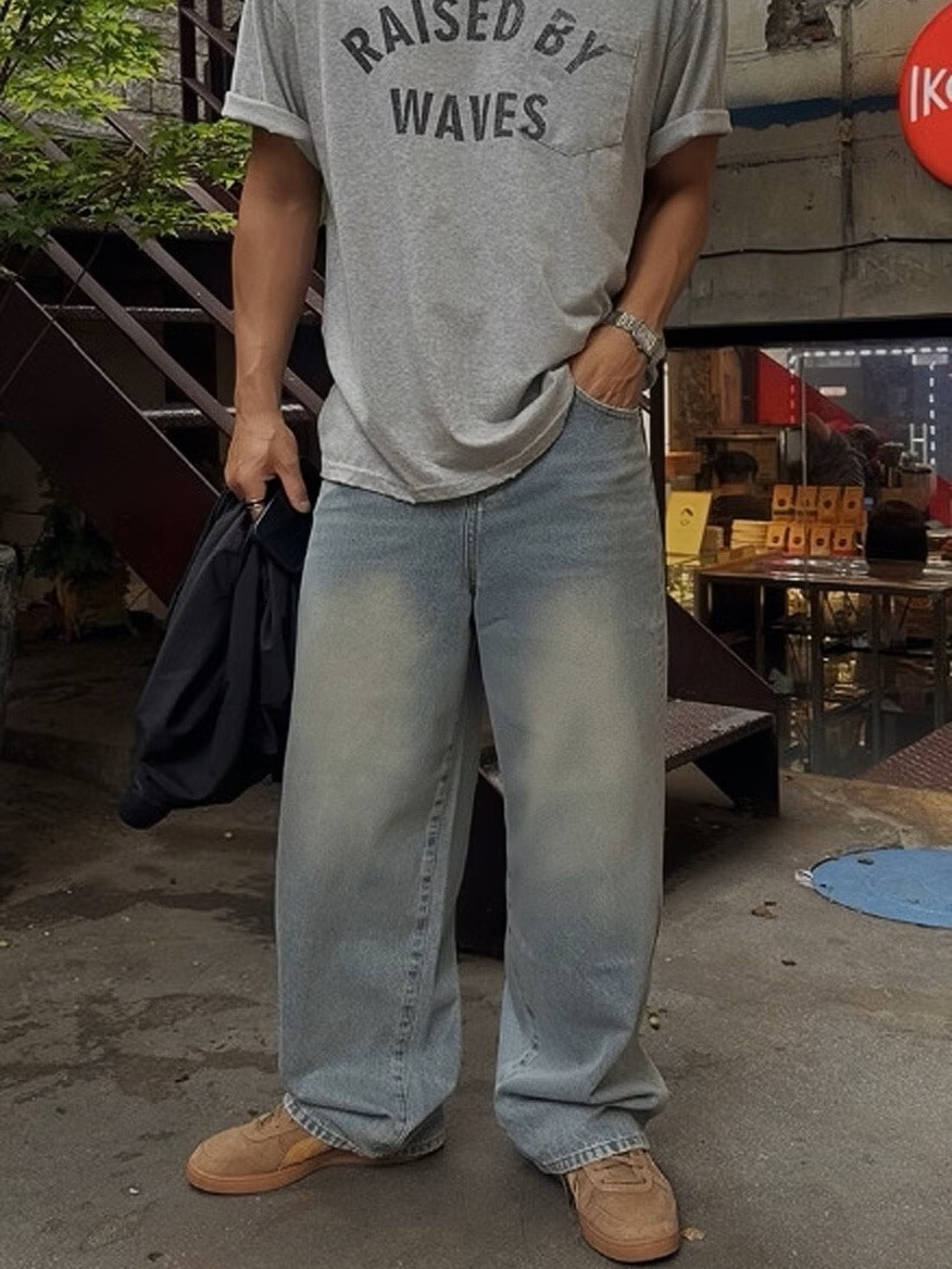 復古街頭寬版丹寧褲