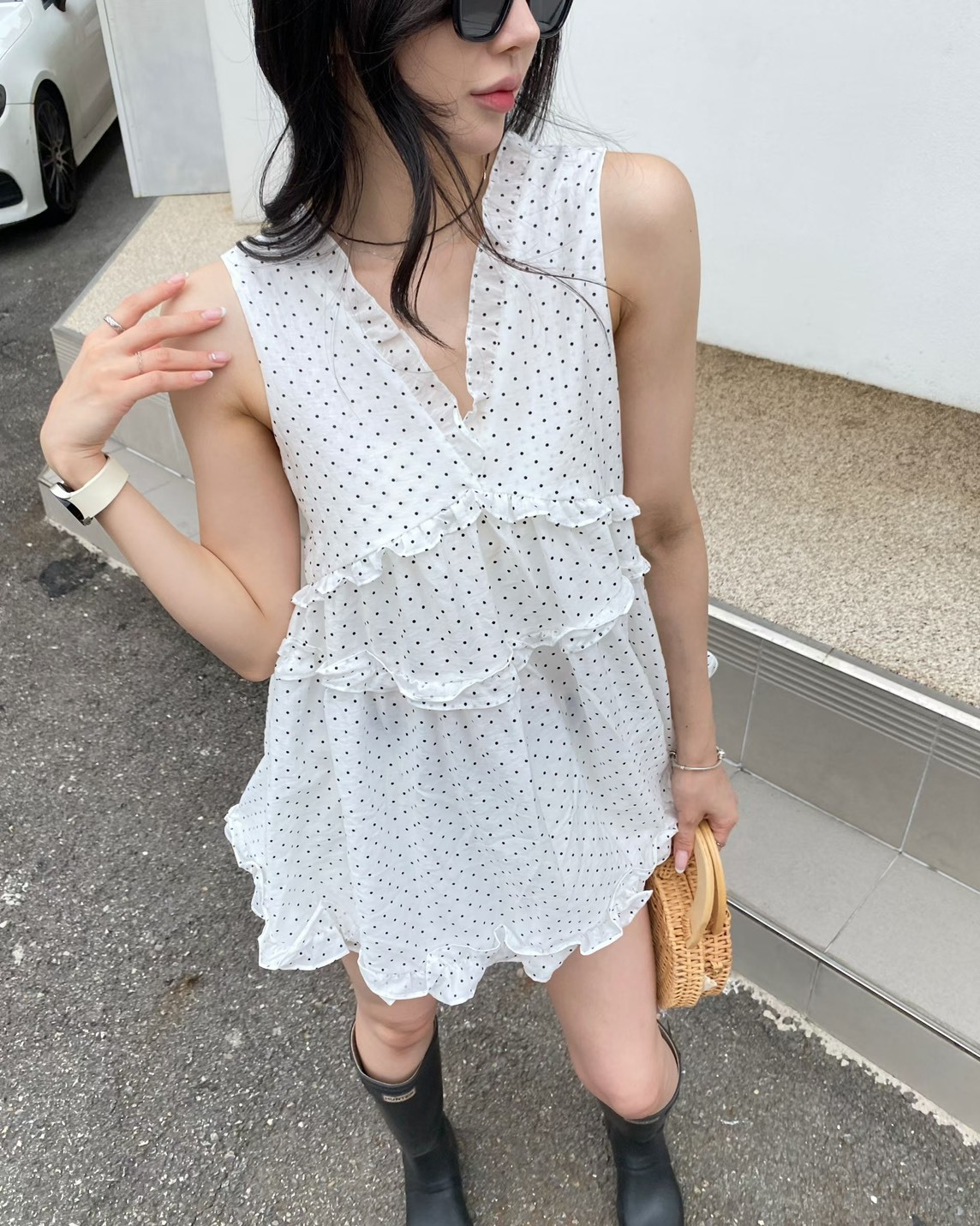 點點V雪紡傘襬短洋裝