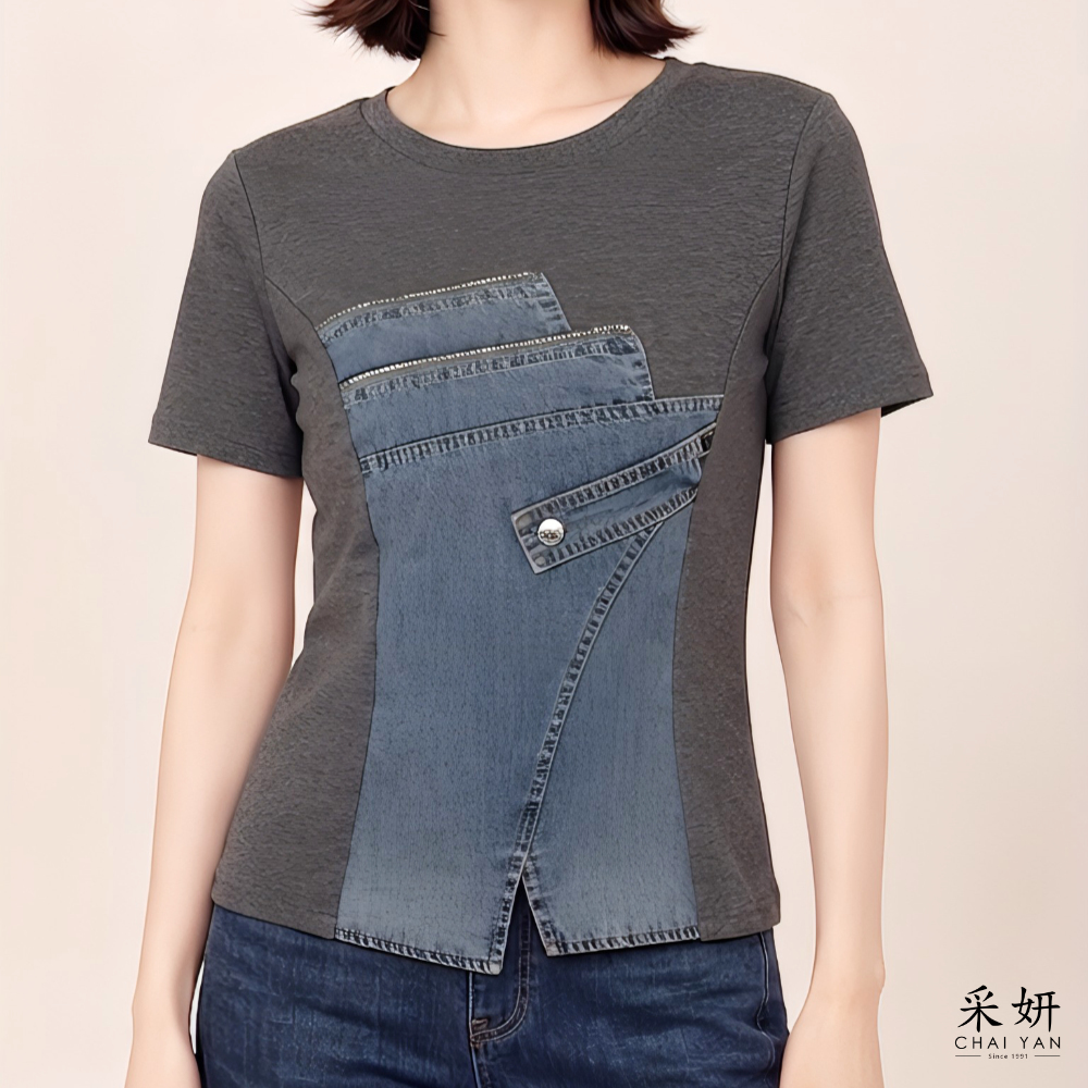 顯瘦牛仔拼接短袖上衣