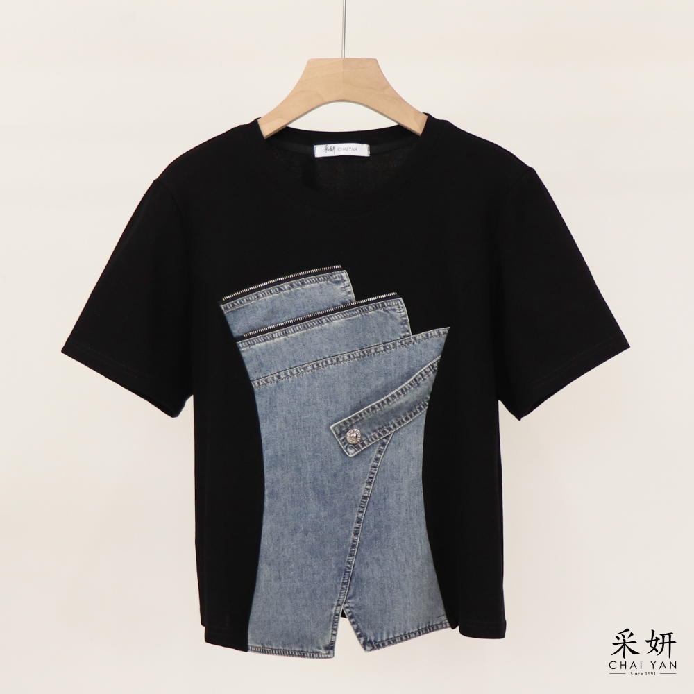 顯瘦牛仔拼接短袖上衣