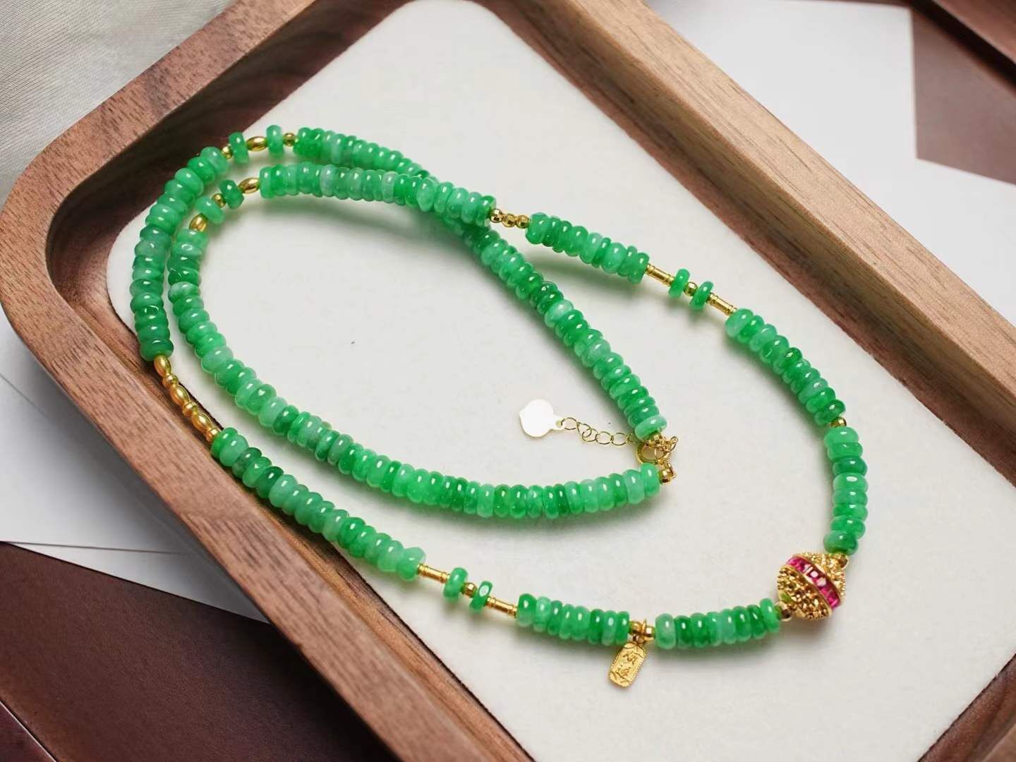 翡翠冰陽綠算盤珠項鏈,天然翡翠A玉, 緬甸玉, Jade, Jadeite