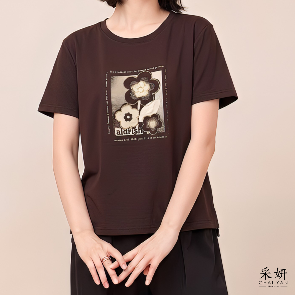 縫線花朵膠印短袖上衣