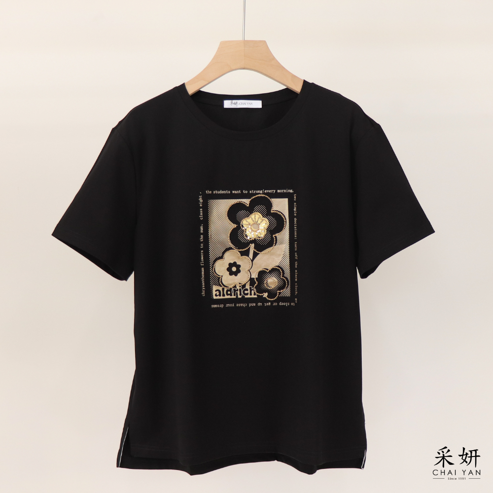 縫線花朵膠印短袖上衣