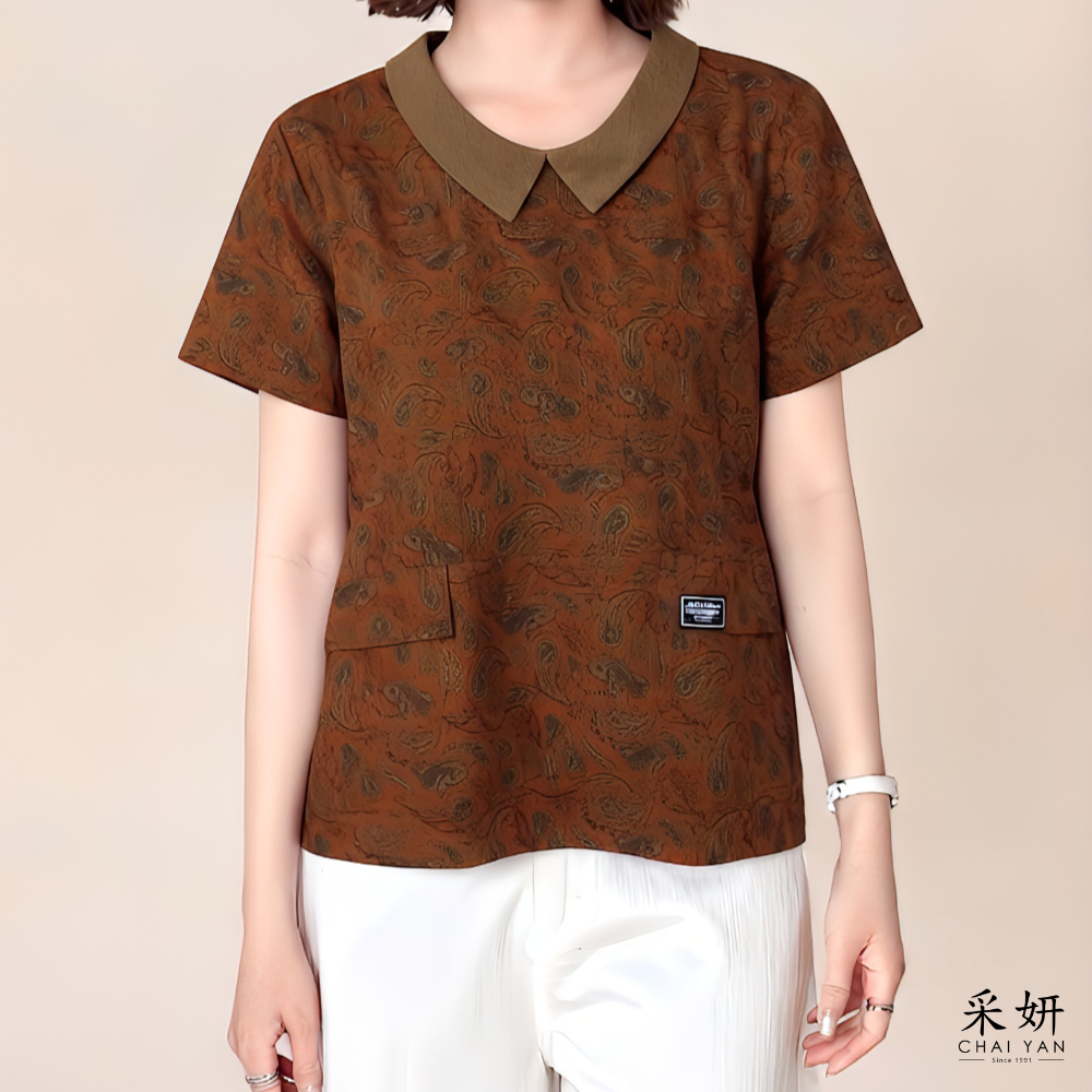 復古假口袋翻領短袖上衣