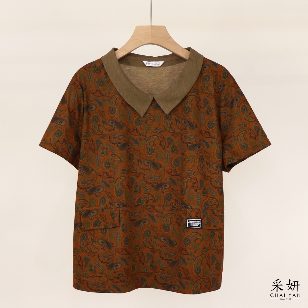 復古假口袋翻領短袖上衣