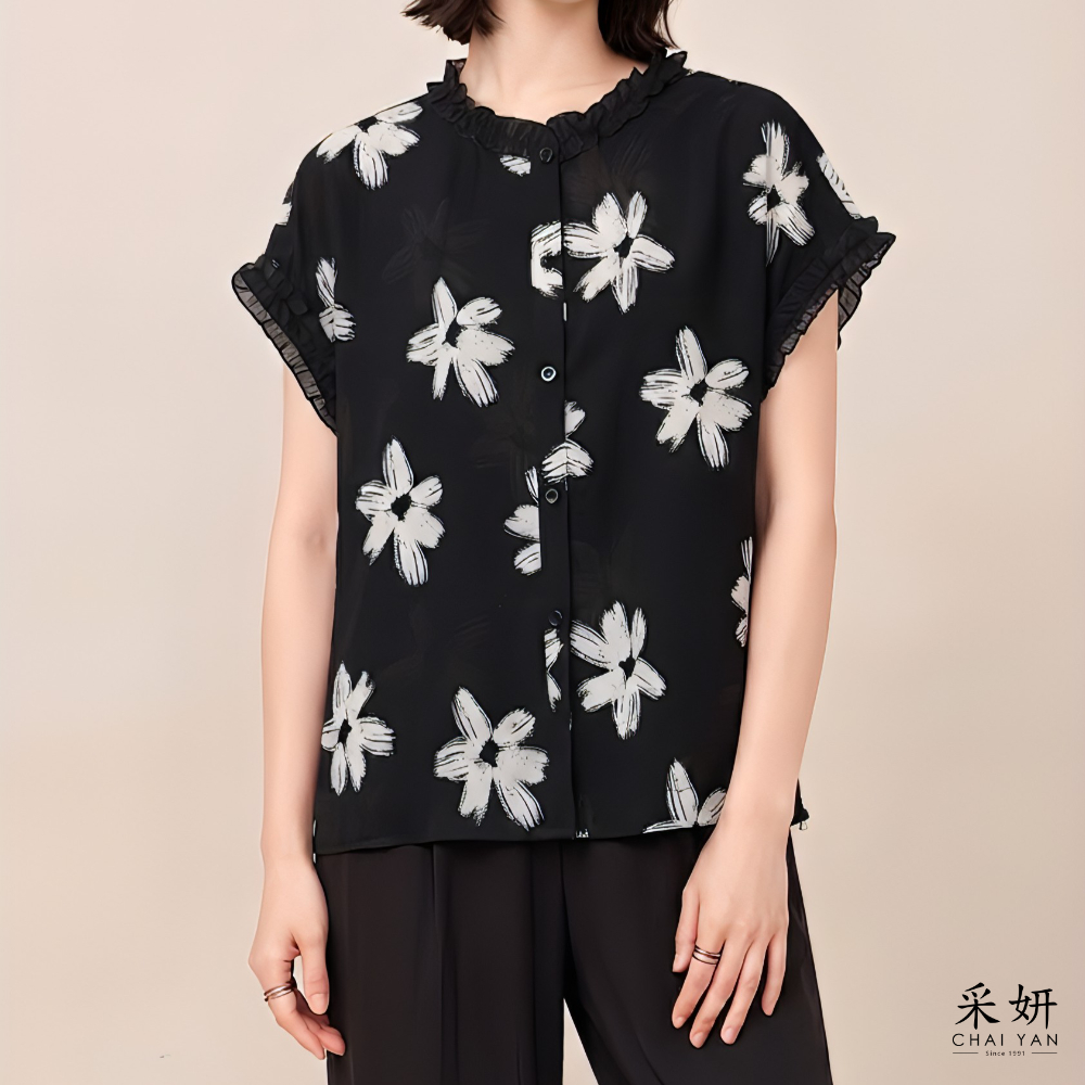 裙邊黑白花連肩短袖襯衫