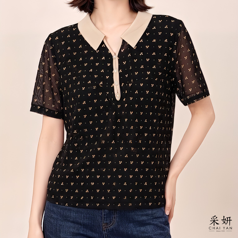 珍珠櫻桃翻領短袖上衣