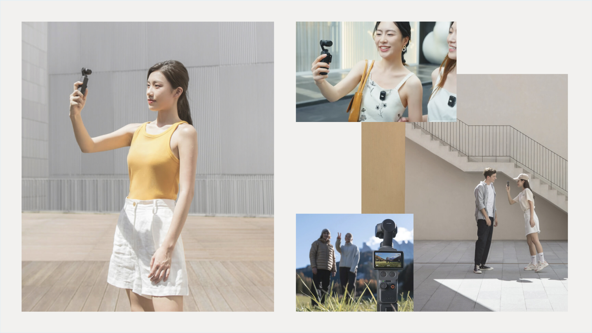 DJI Osmo Pocket 4P 口袋雲台相機多情境使用實拍拼圖,展示女性手持自拍、街拍互動、朋友合影、山景旅拍等多種日常與旅行場景的手持穩定攝影應用。