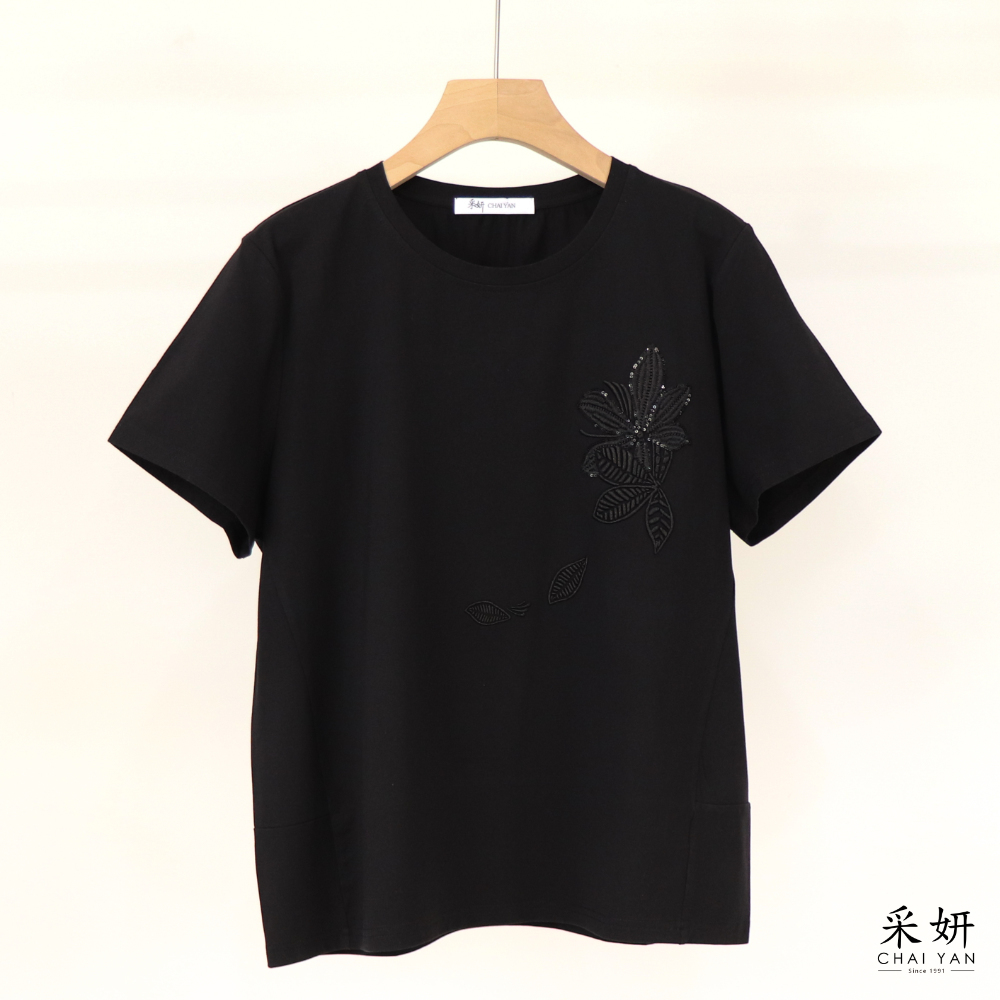 拼接刺繡花朵短袖上衣