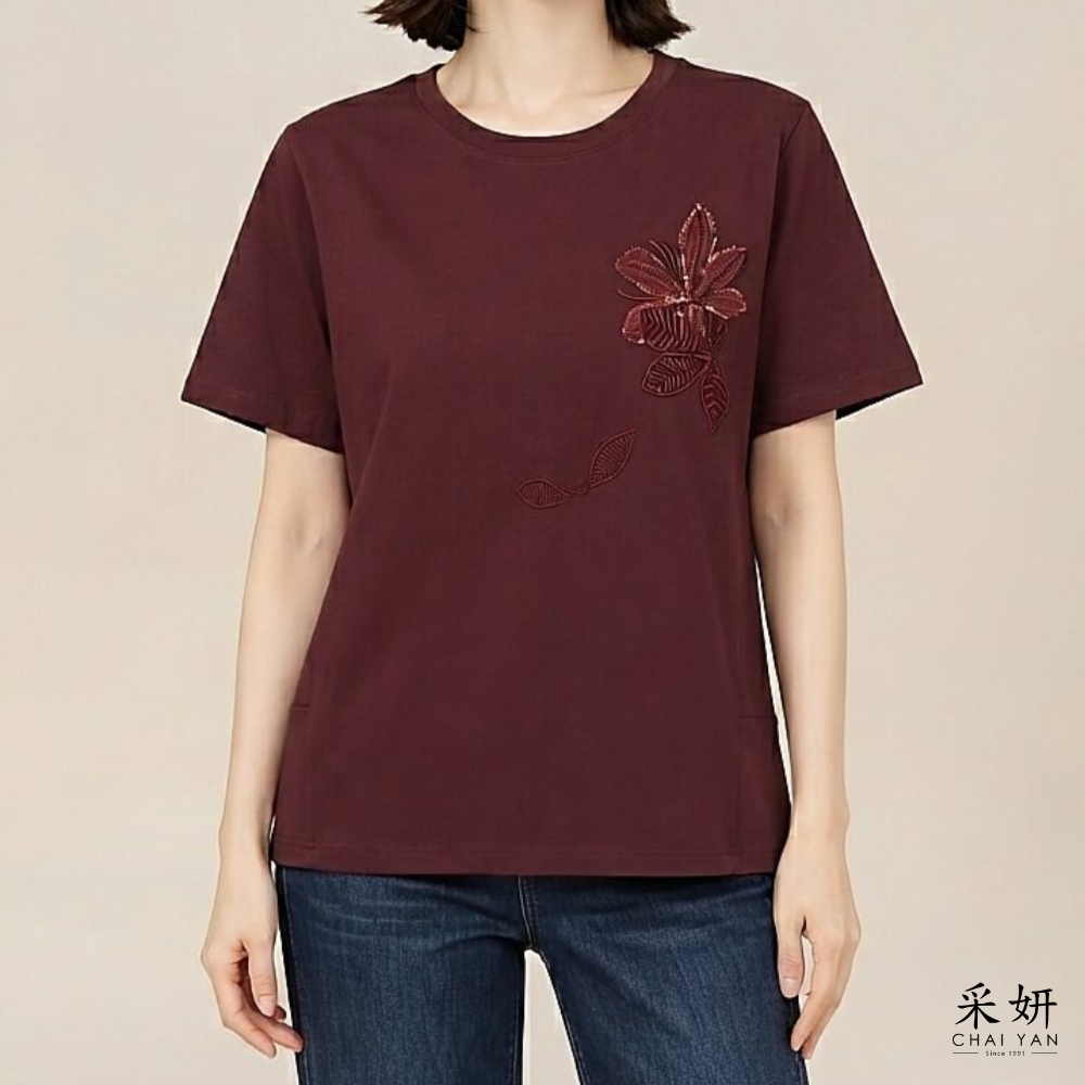 拼接刺繡花朵短袖上衣