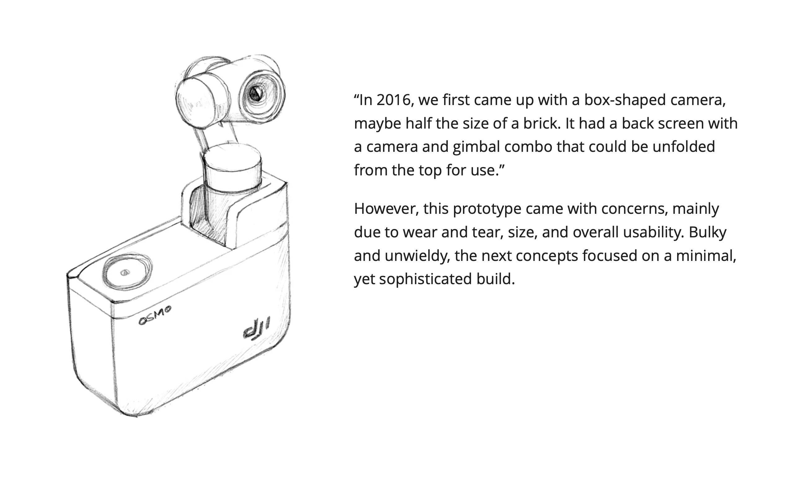 DJI Osmo 口袋雲台相機 2016 年早期磚形原型設計手稿,畫面為手繪工業設計草圖,機身呈方塊狀、上方搭載可展開的雲台鏡頭模組,標示 OSMO 與 DJI 字樣,右側為 DJI 官方訪談內容,說明早期原型因體積笨重、耐用度不足而促成後續小型化設計方向。