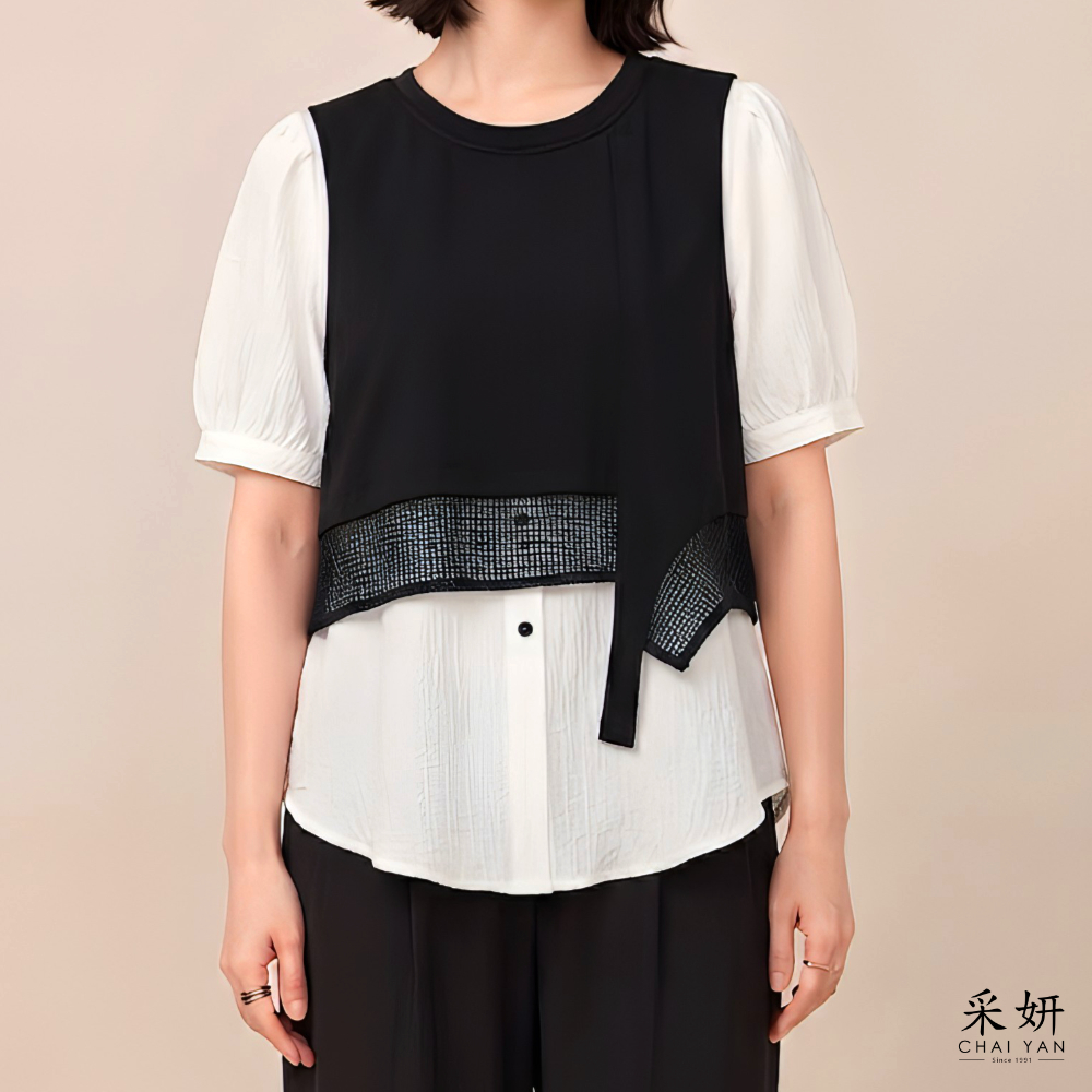 假兩件棉麻拼接短袖上衣