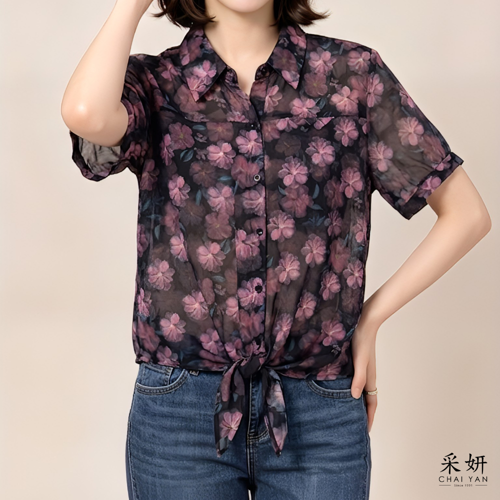 粉紫花綁帶短袖襯衫