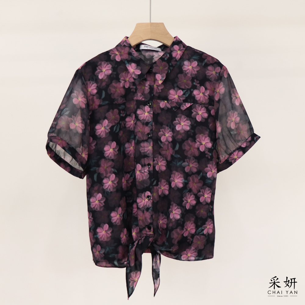 粉紫花綁帶短袖襯衫