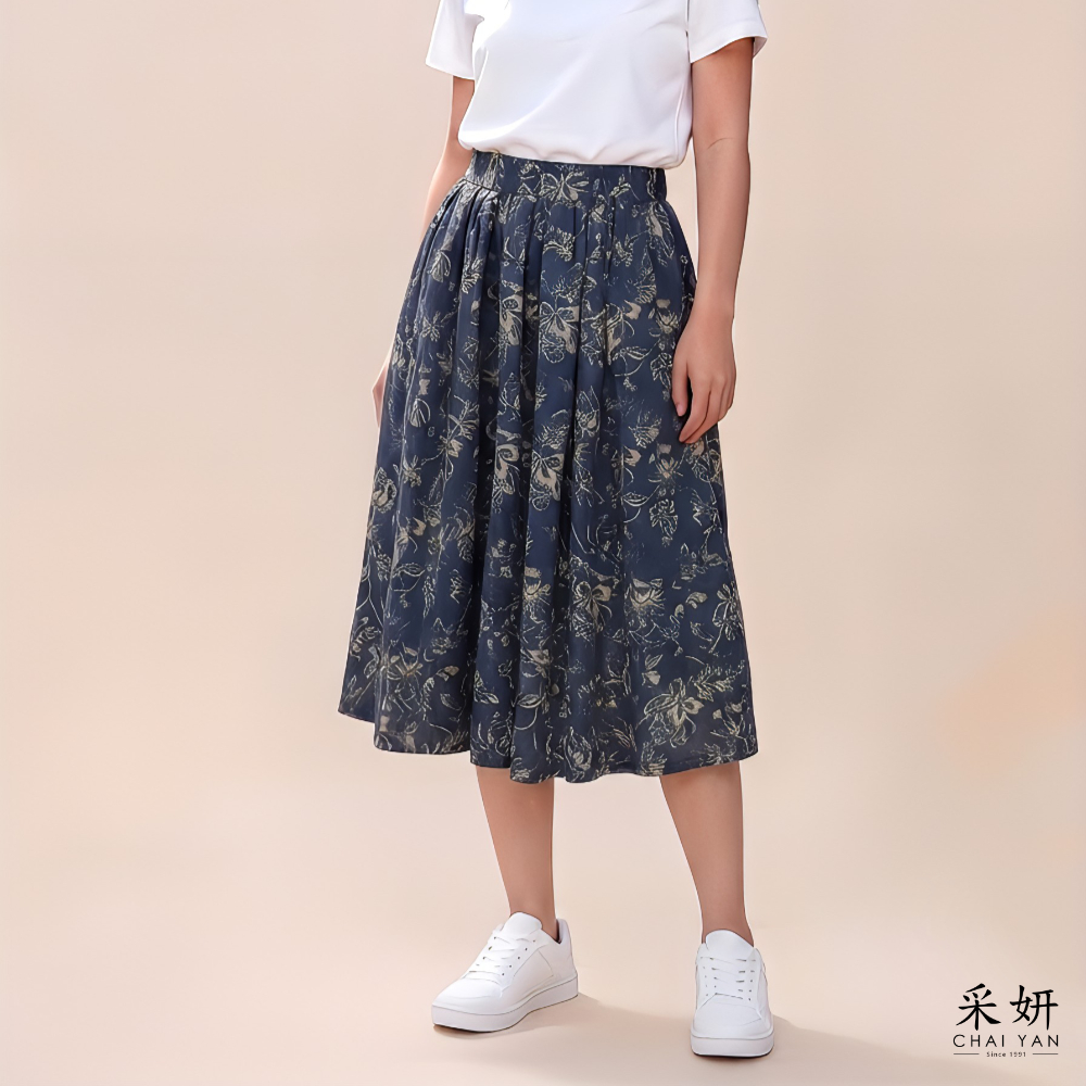 棉麻花布中長裙