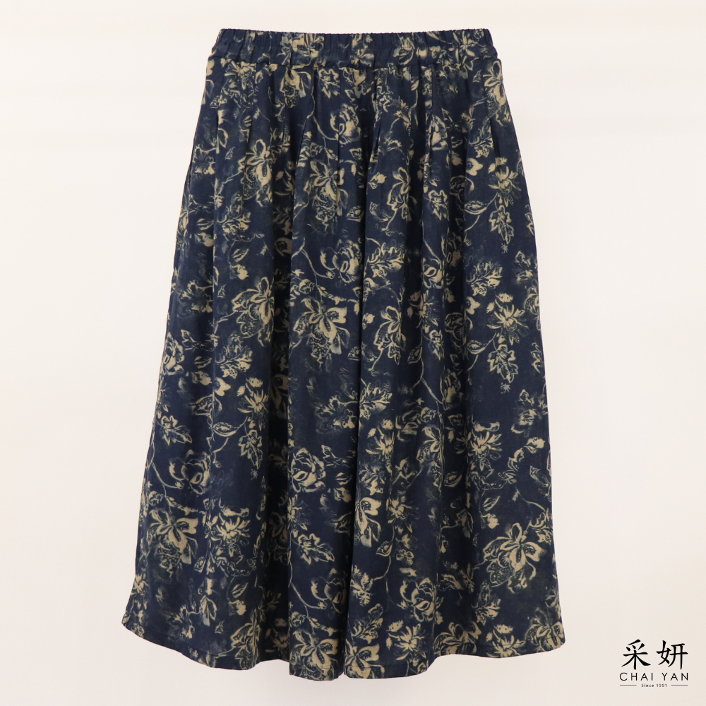 棉麻花布中長裙