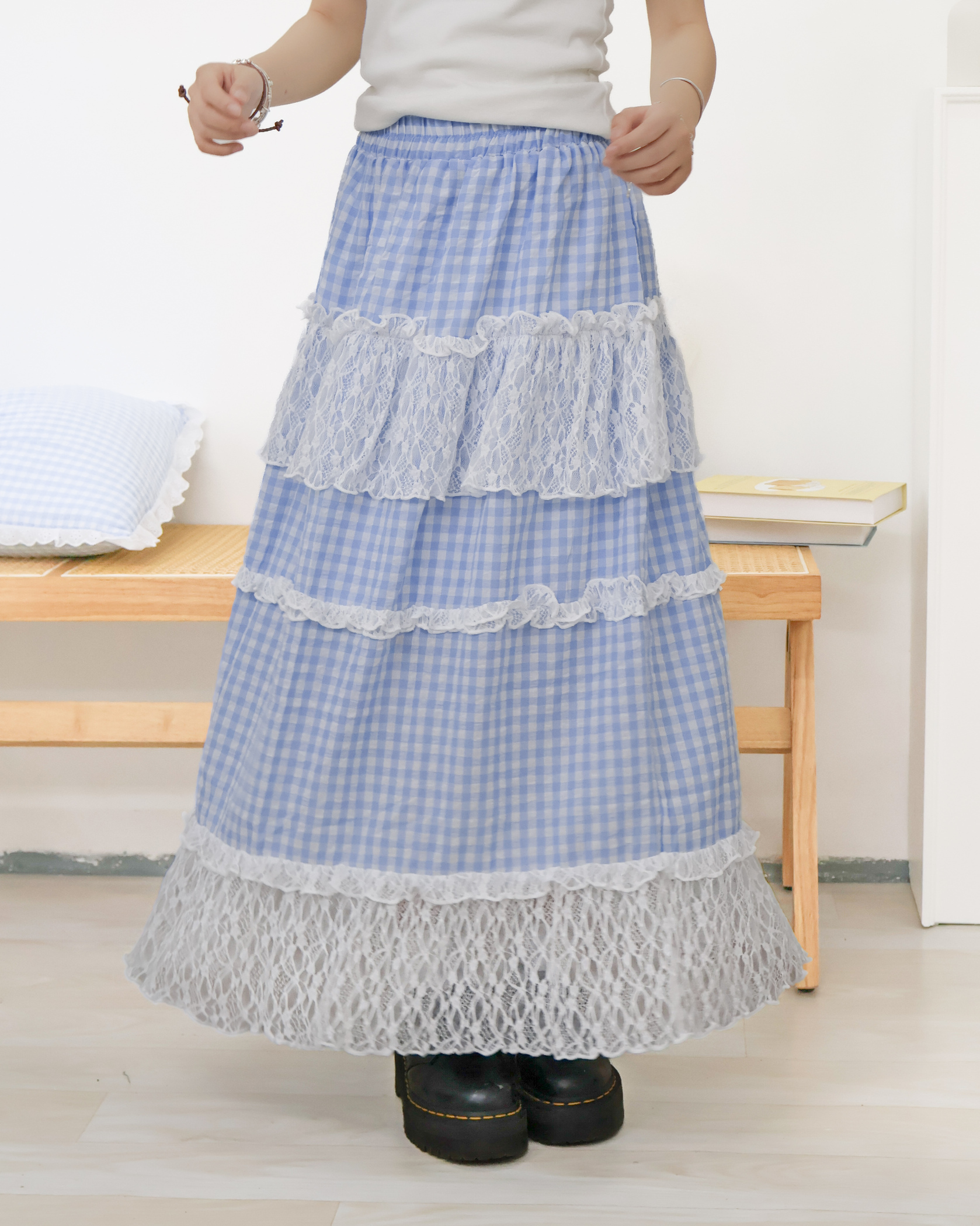 格子Lace併布可愛長裙 · 2色入