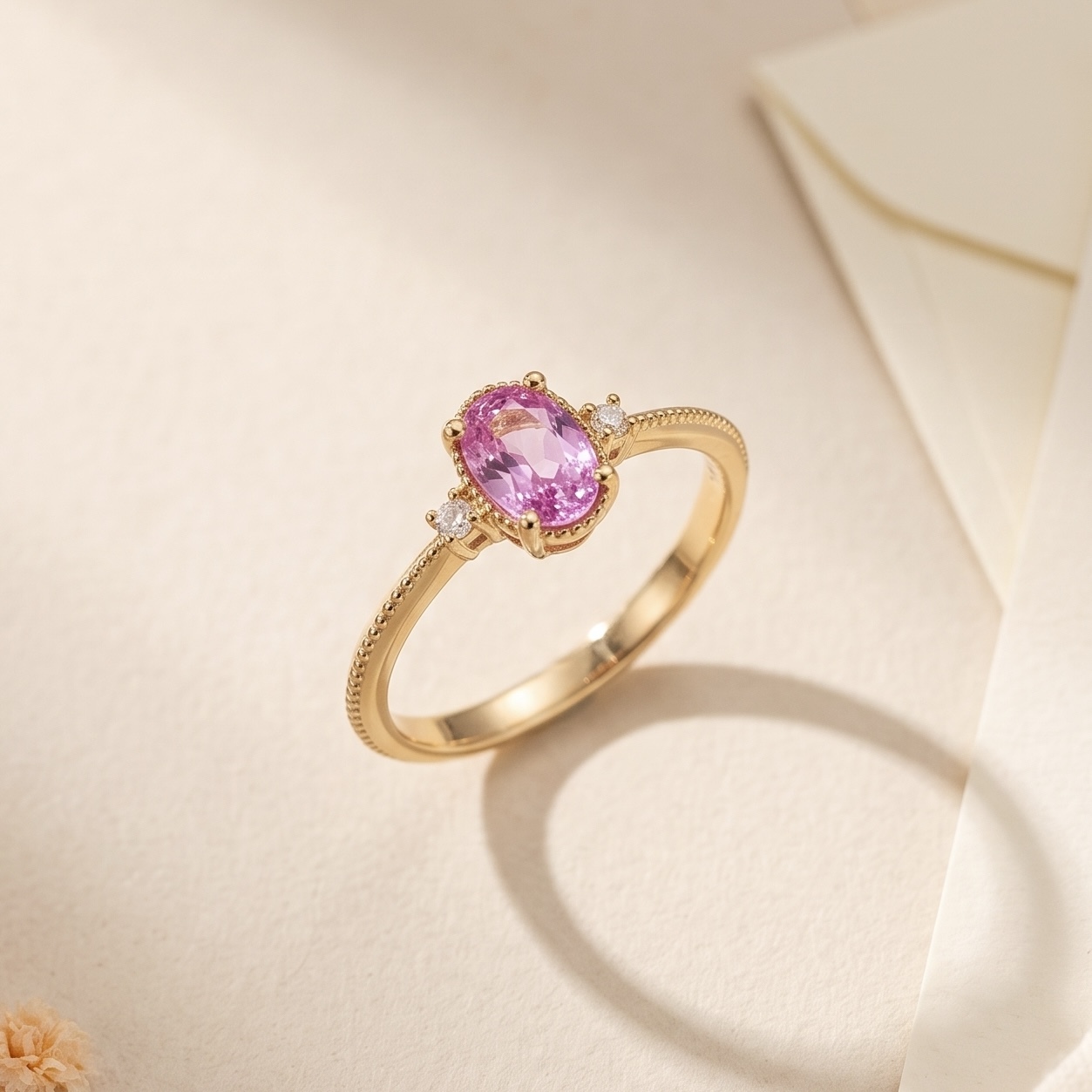 18K Gold Pink Sapphire Ring with Diamonds setting