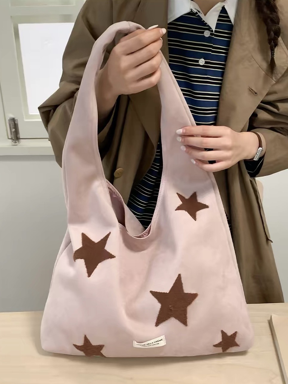 韓系 Y2K 簡約刺繡星星 慵懶托特包
