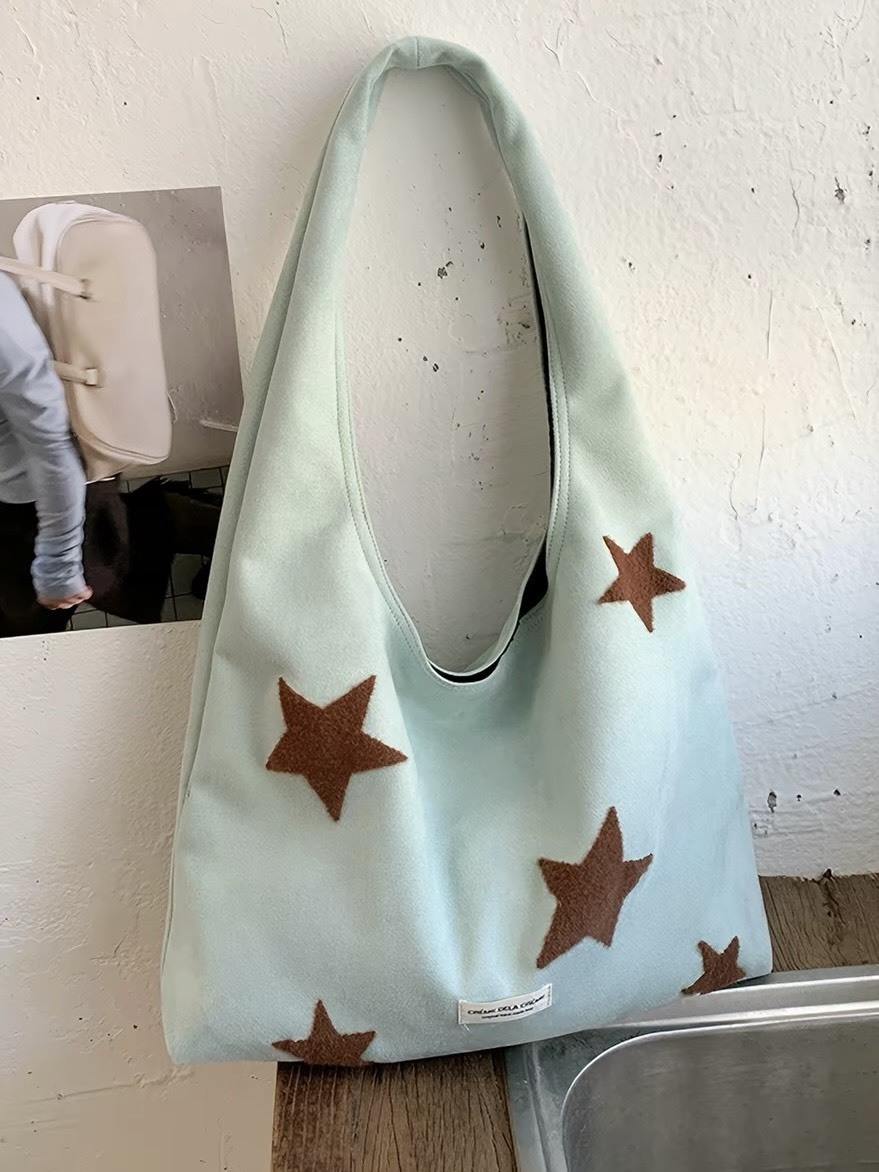 韓系 Y2K 簡約刺繡星星 慵懶托特包