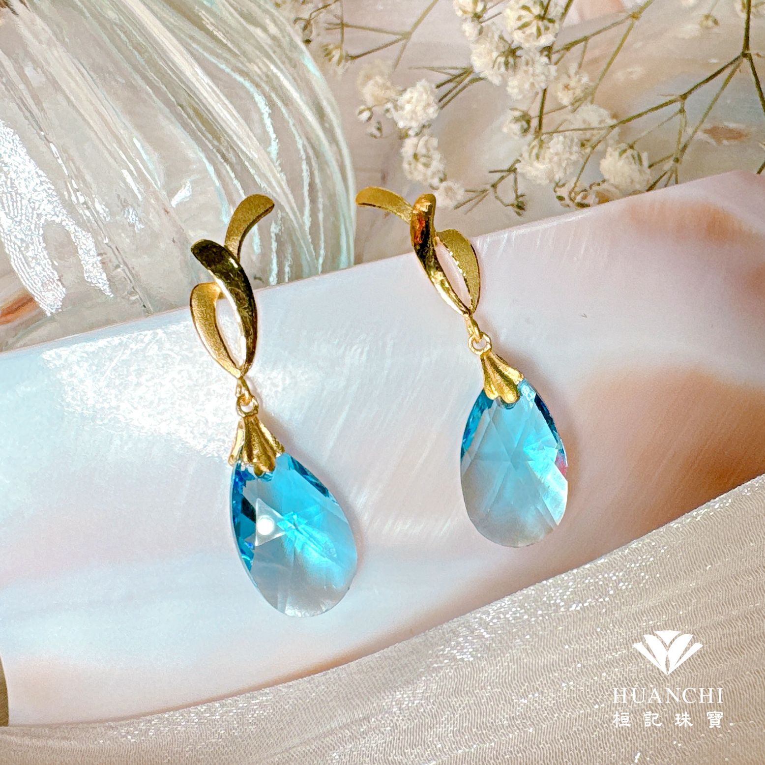 24k Gold - Blue Teardrop Gold Earrings