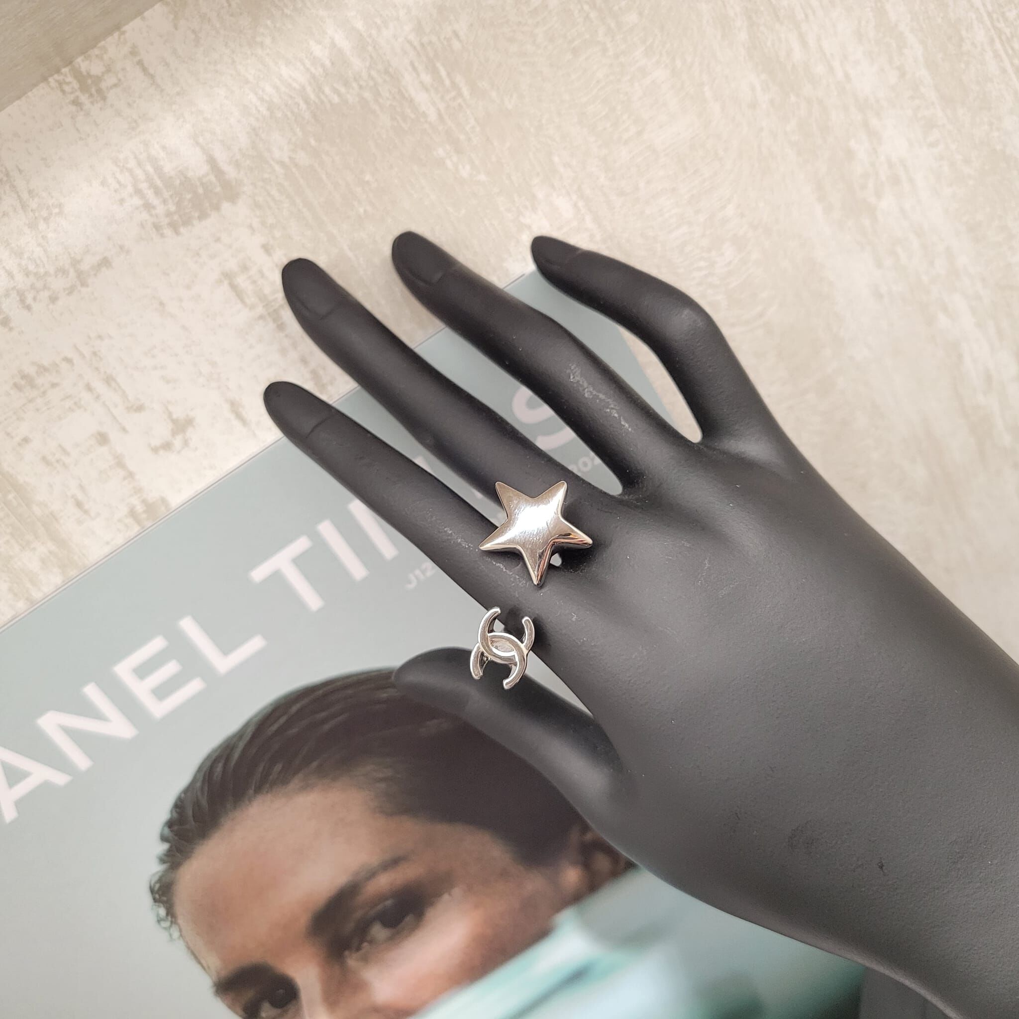 CHANEL ABH476 RING SLIVER STAR/CC LOGO SIZE 54