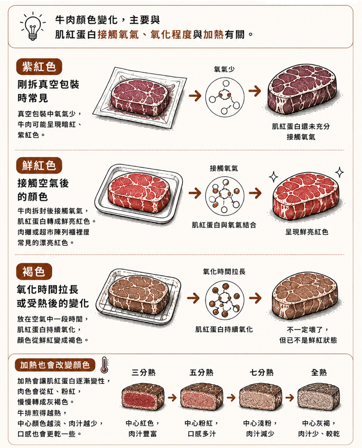 如果牛肉放在空氣中一段時間，肌紅蛋白持續氧化，顏色可能從鮮紅變成褐色。這不一定代表肉壞了，但代表它已經不是剛接觸氧氣時的鮮紅狀態。