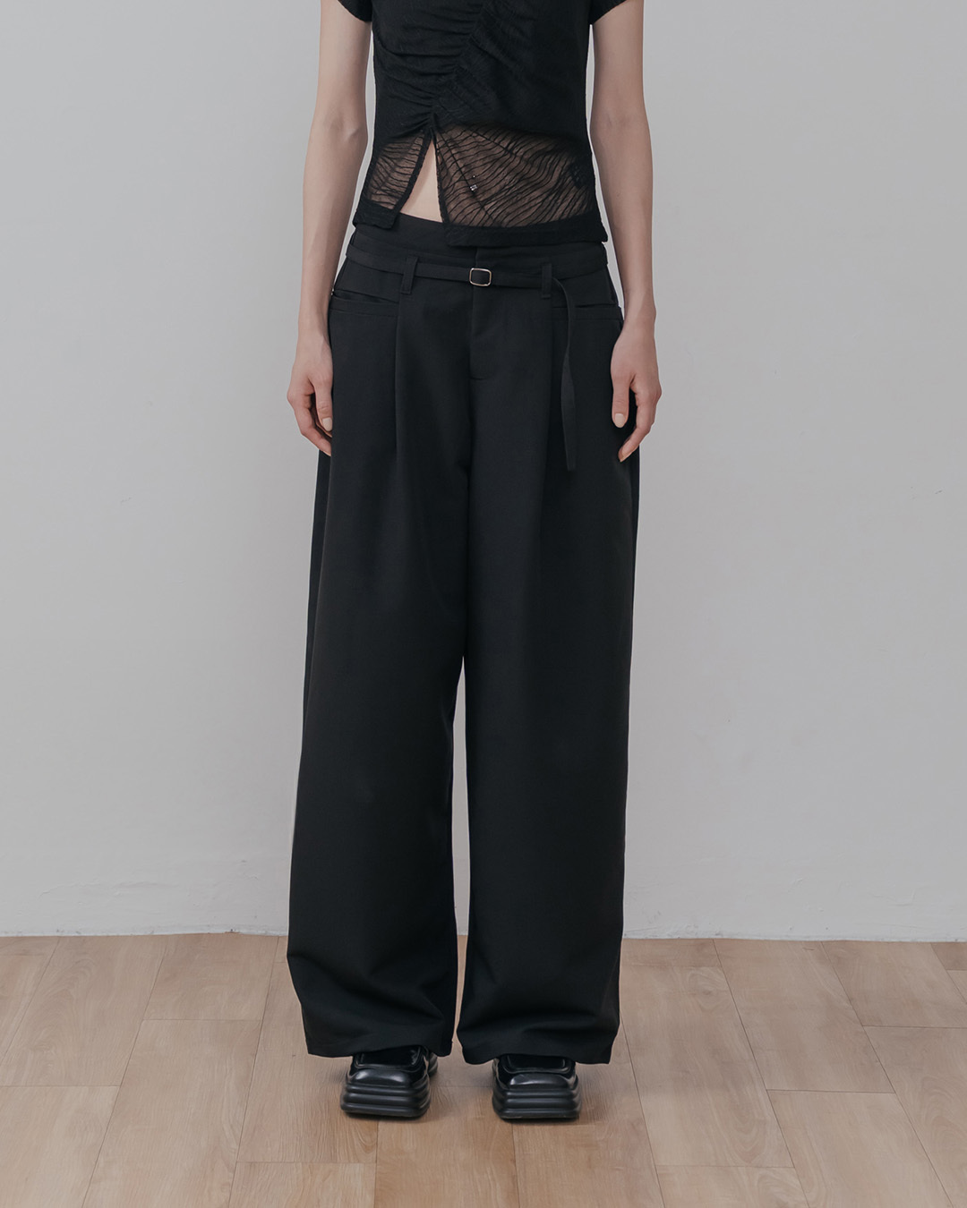 Simple low-waisted wide-leg suit trousers with belt - Black S/M/L【04030525】in stock+pre-order