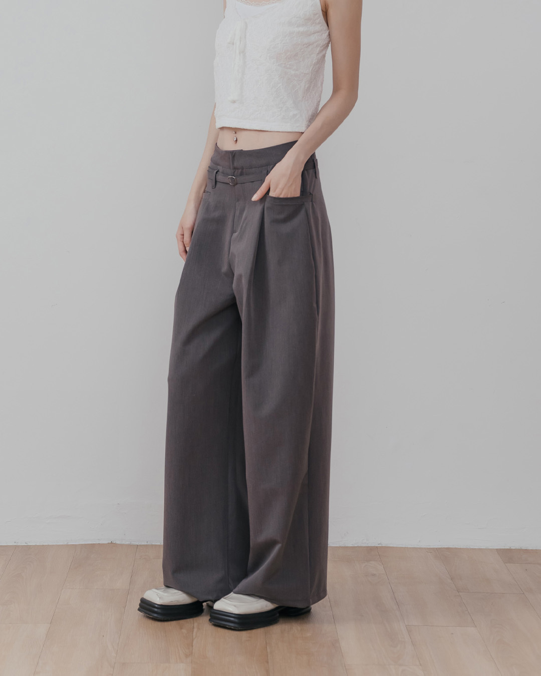 Simple low-rise wide-leg suit trousers with belt - gray S/M/L【04030523】in stock+pre-order