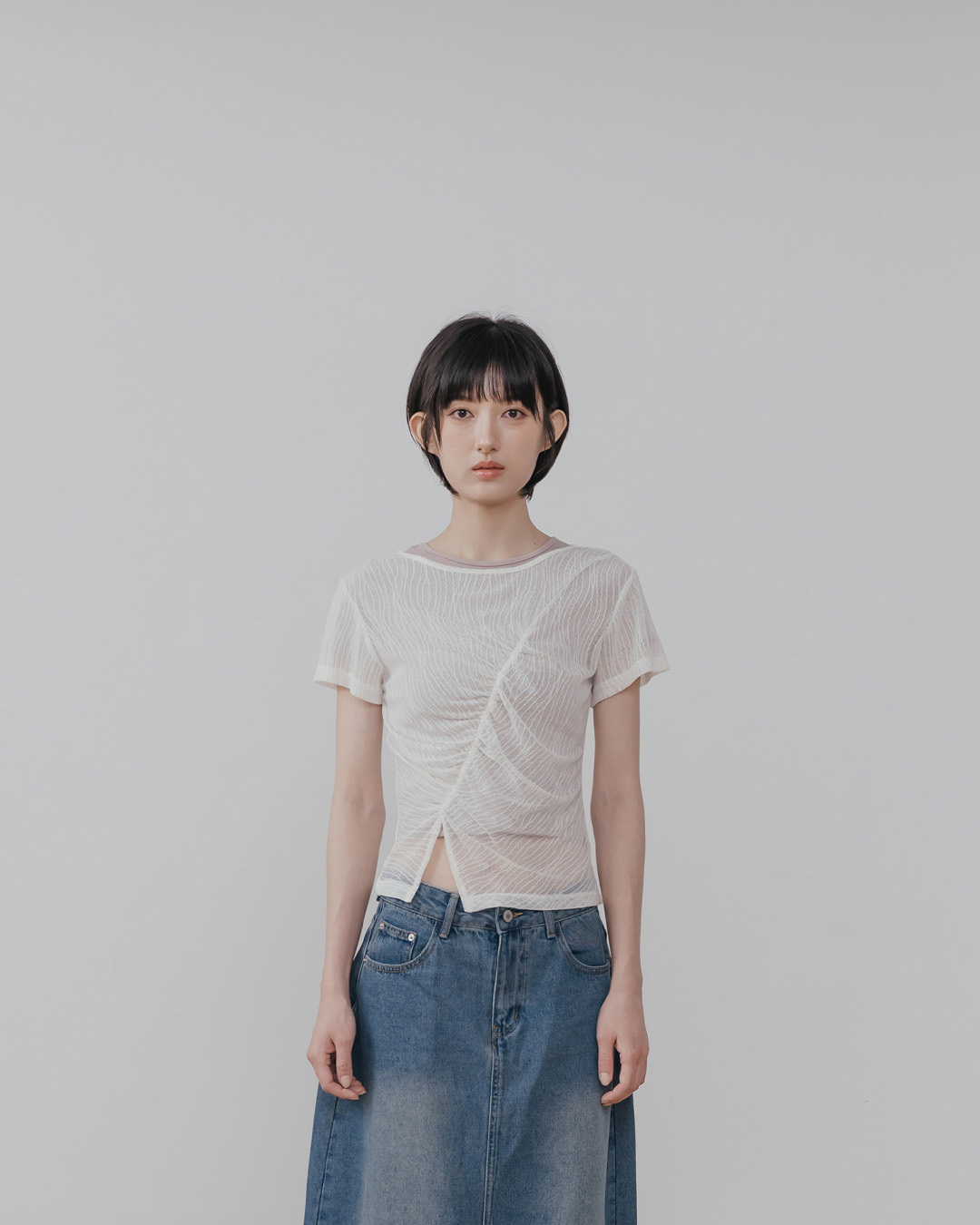 Ruffled textured slit sheer short-sleeved top - off-white【01099860】in stock+pre-order