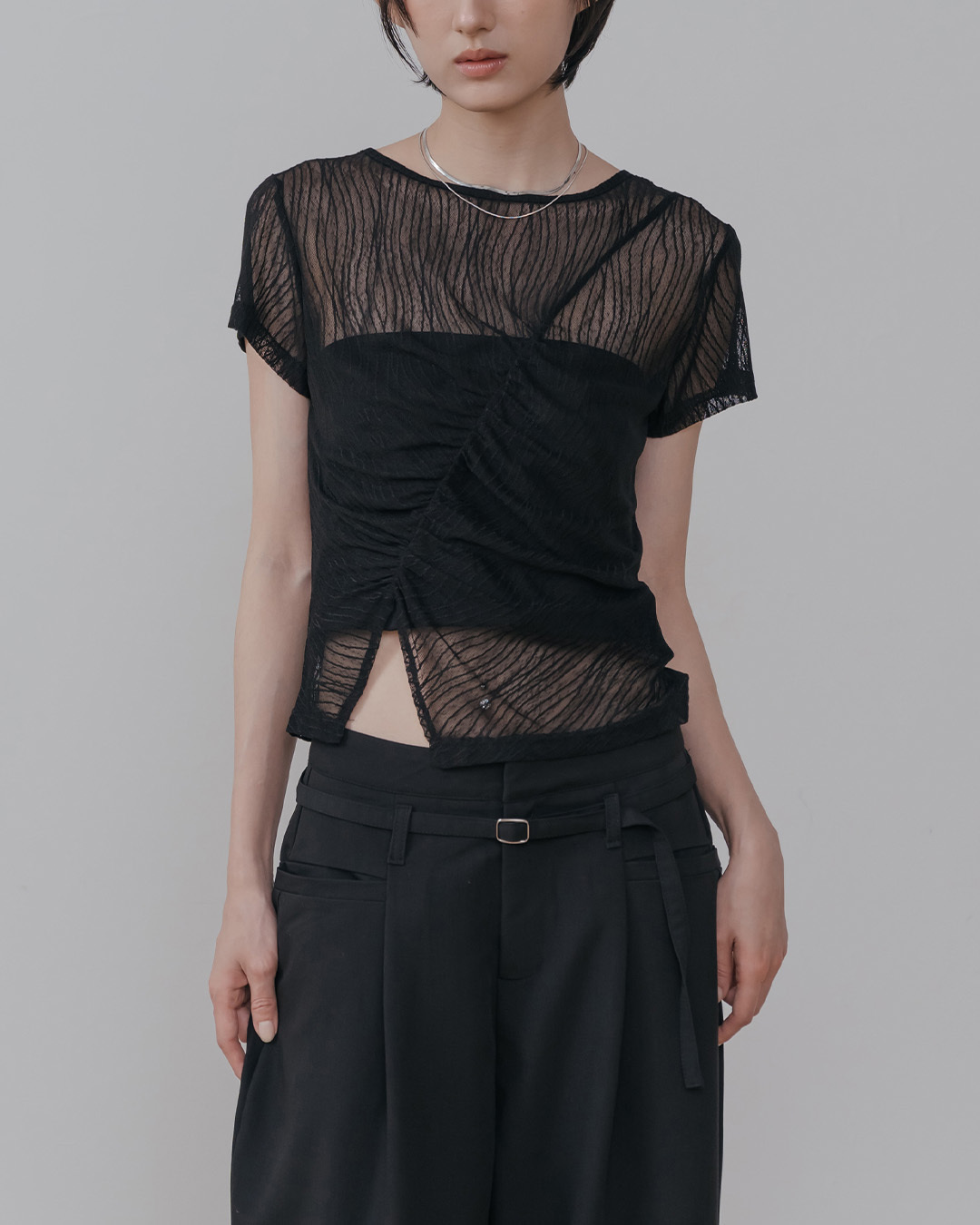 Ruffled textured slit sheer short-sleeved top【01099859】in stock+pre-order