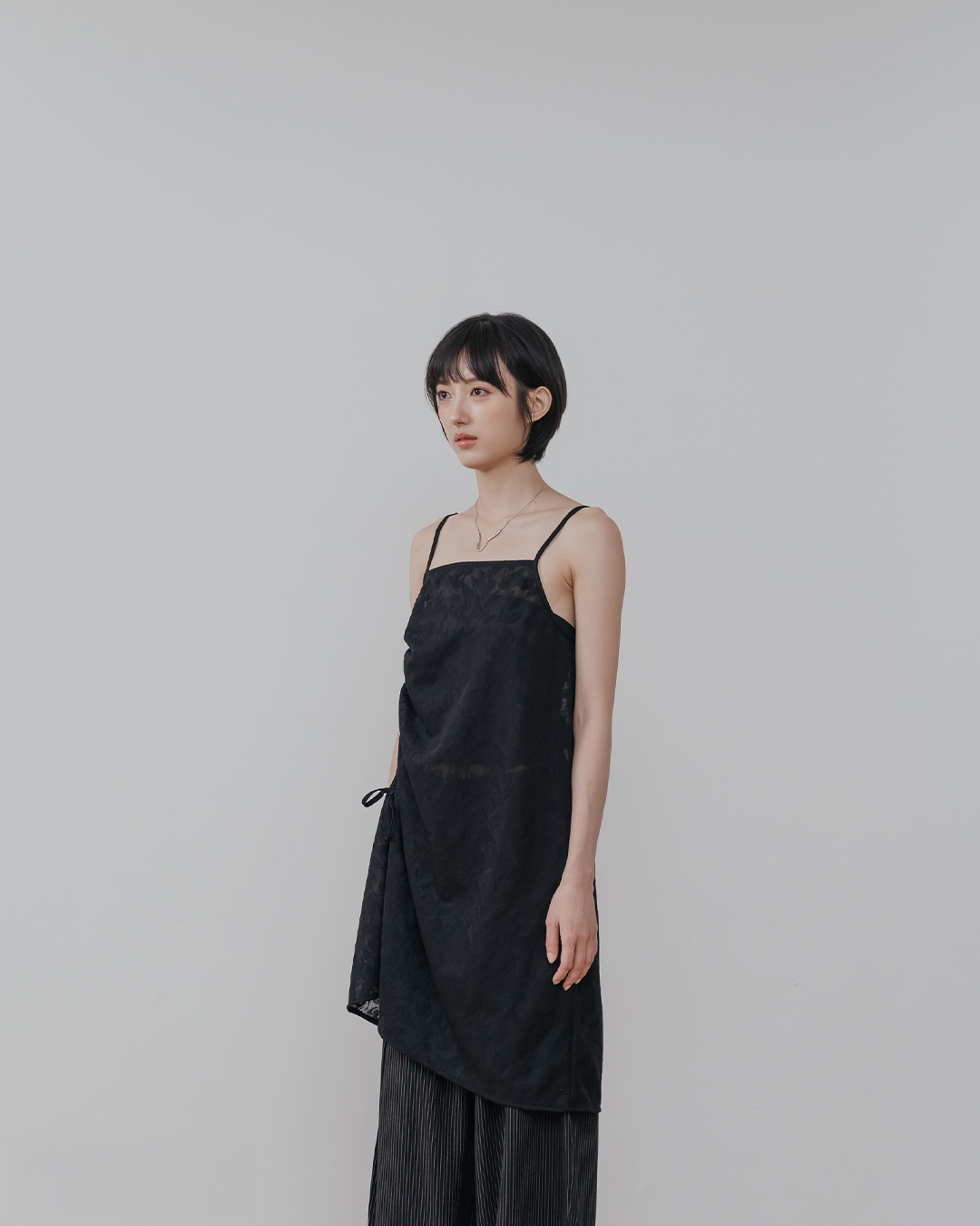 Textured Jacquard Side-Strap Ruffled Thin Shoulder Cover-Up Vest - Black【01099703】in stock+pre-order