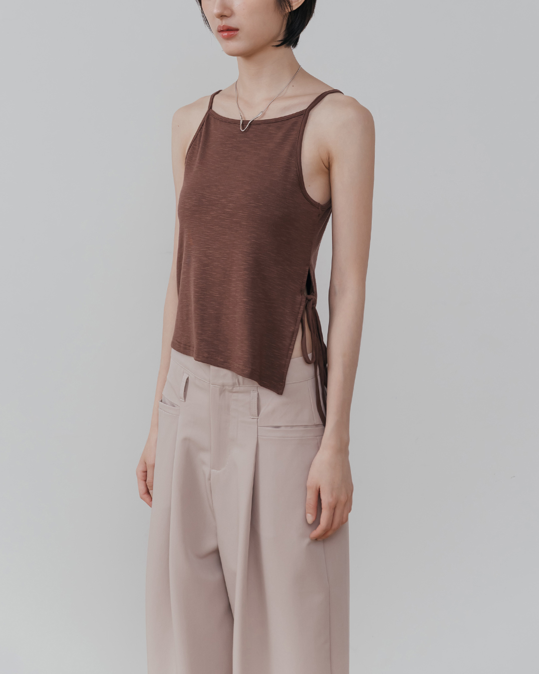 Side-slit strappy spaghetti strap tank top - coffee color【01099575】in stock+pre-order