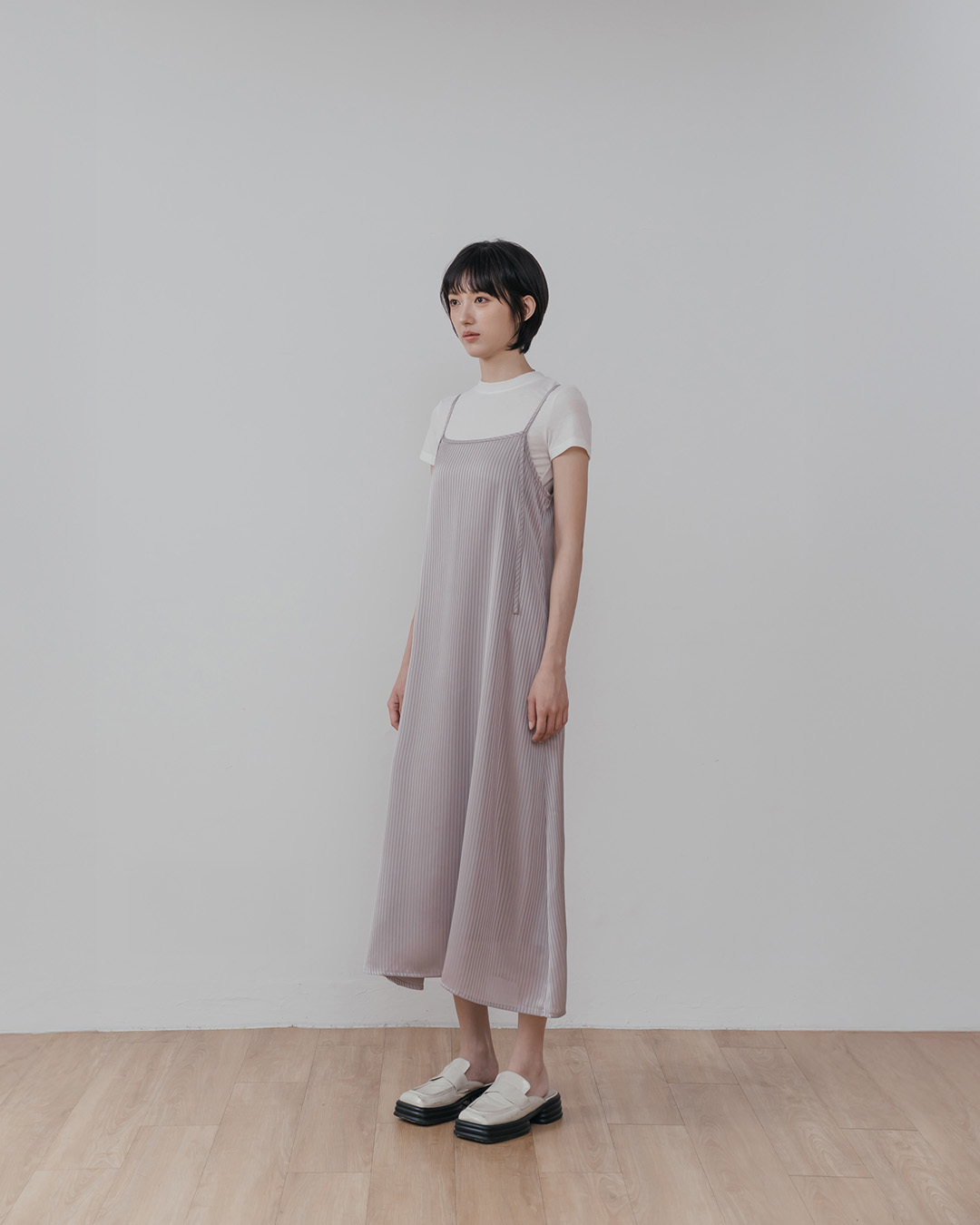 Simple, glossy striped spaghetti strap maxi dress - gray【01087314】in stock+pre-order
